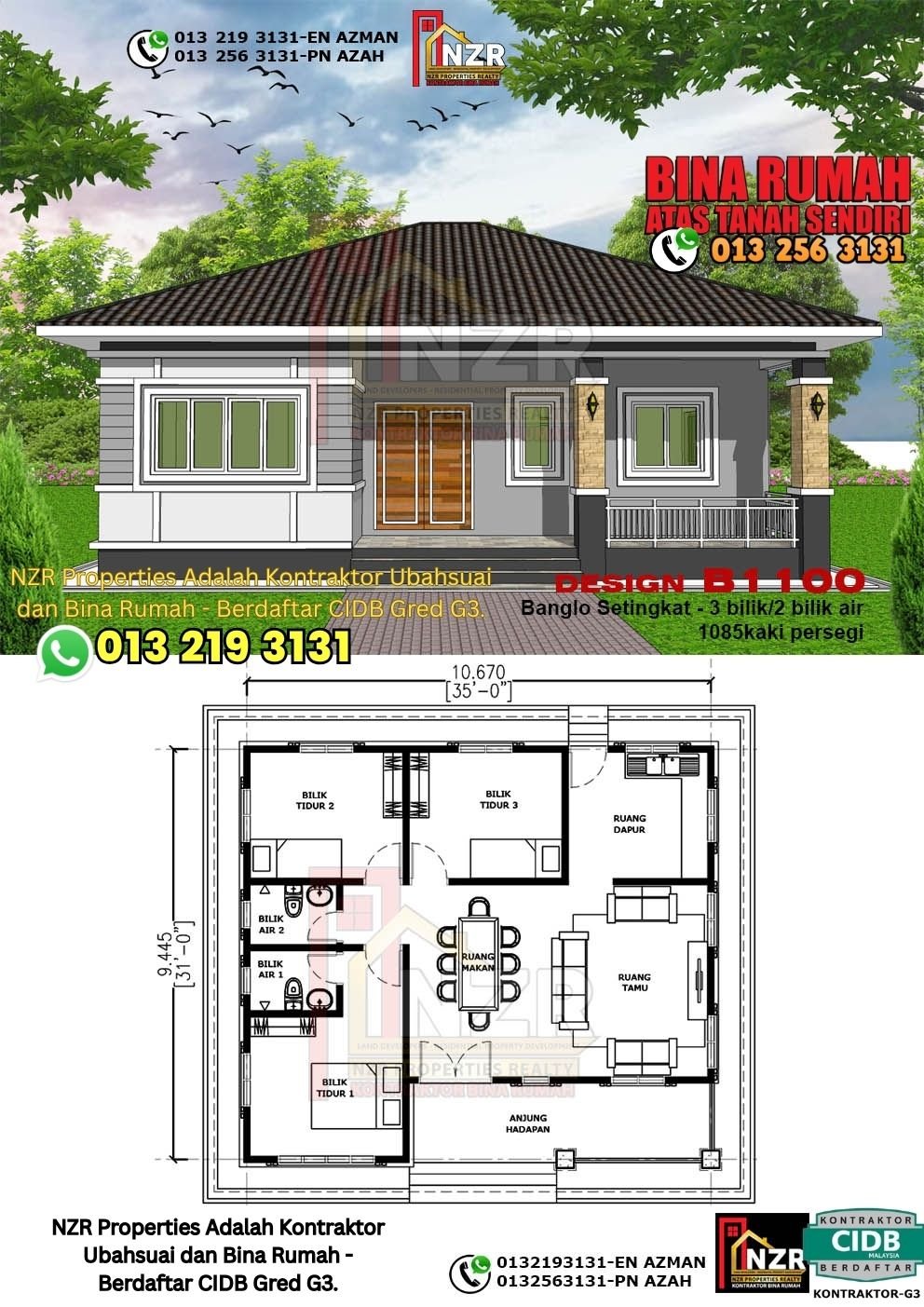 Design B1100 rumah 1 tingkat 1085 kps dengan 3 bilik tidur dan 2 bilik air.