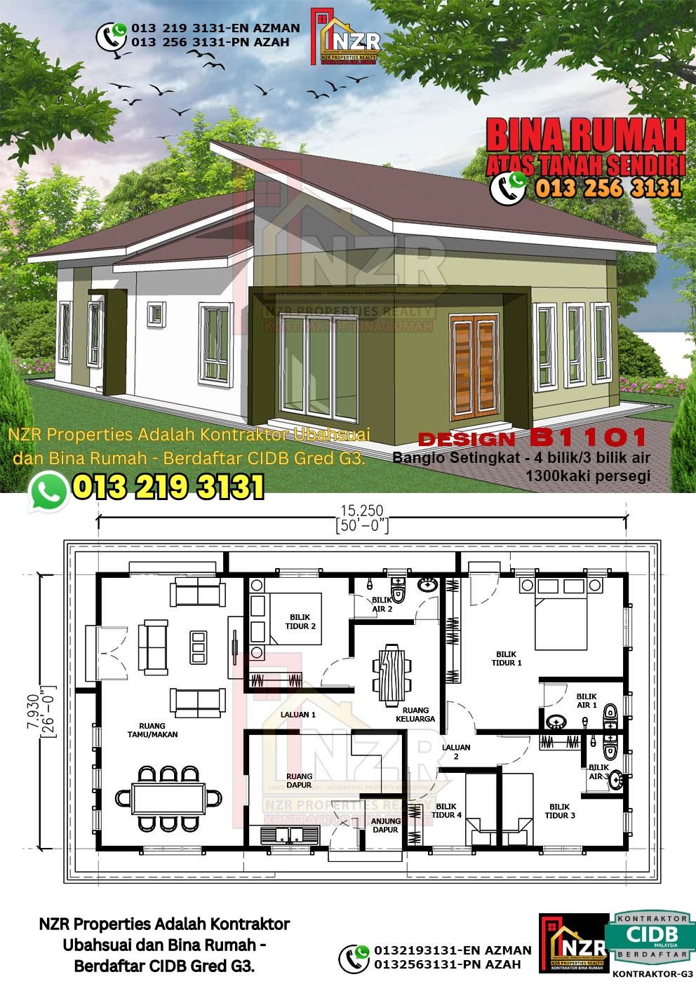 Design B1101 rumah 1 tingkat 1300 kps dengan 4 bilik tidur dan 3 bilik air.