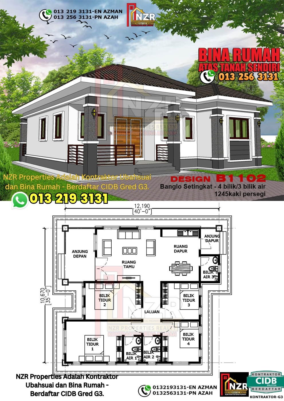 Design B1102 rumah 1 tingkat 1245 kps dengan 4 bilik tidur dan 3 bilik air.