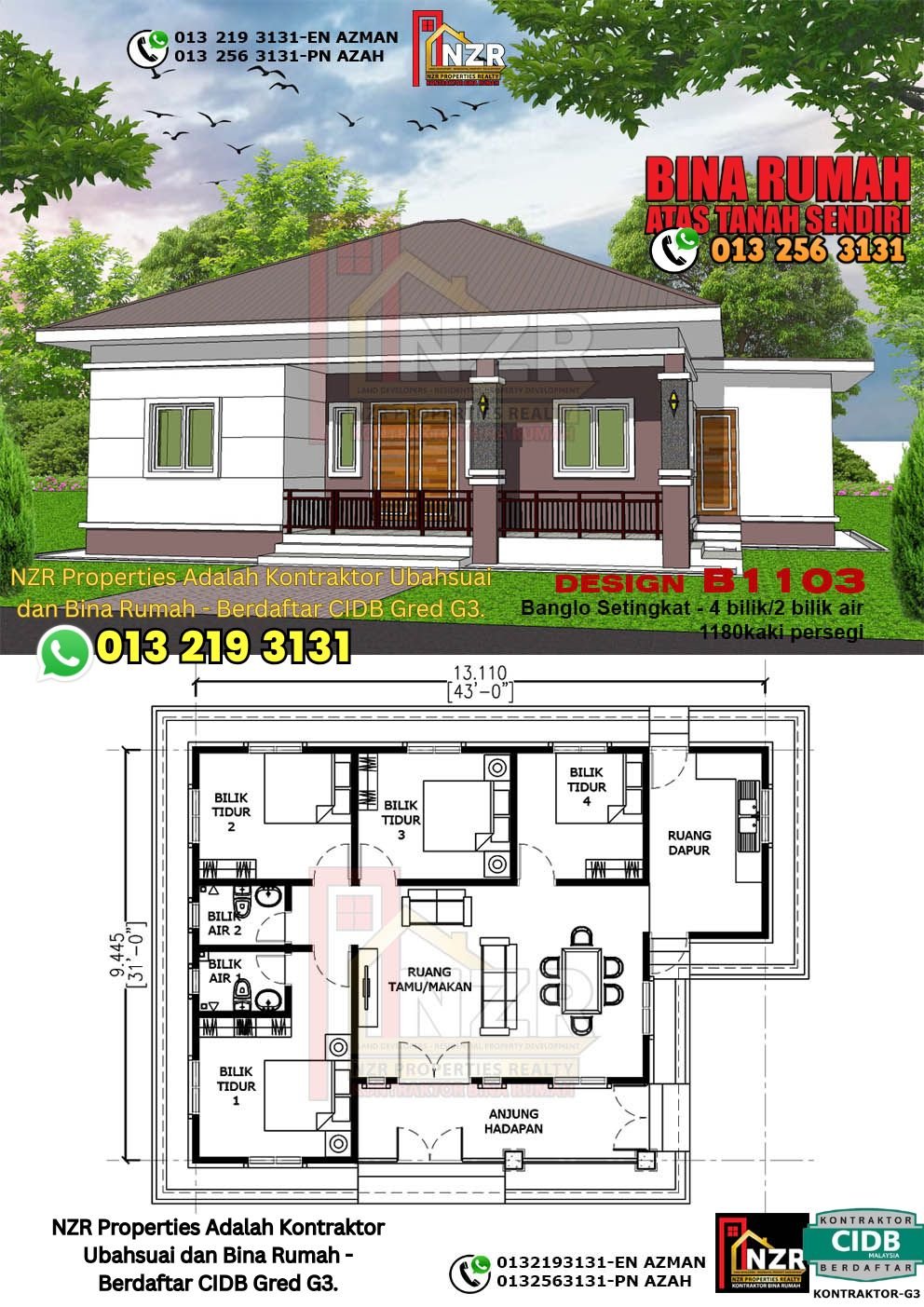 Design B1103 rumah 1 tingkat 1180 kps dengan 4 bilik tidur dan 2 bilik air.