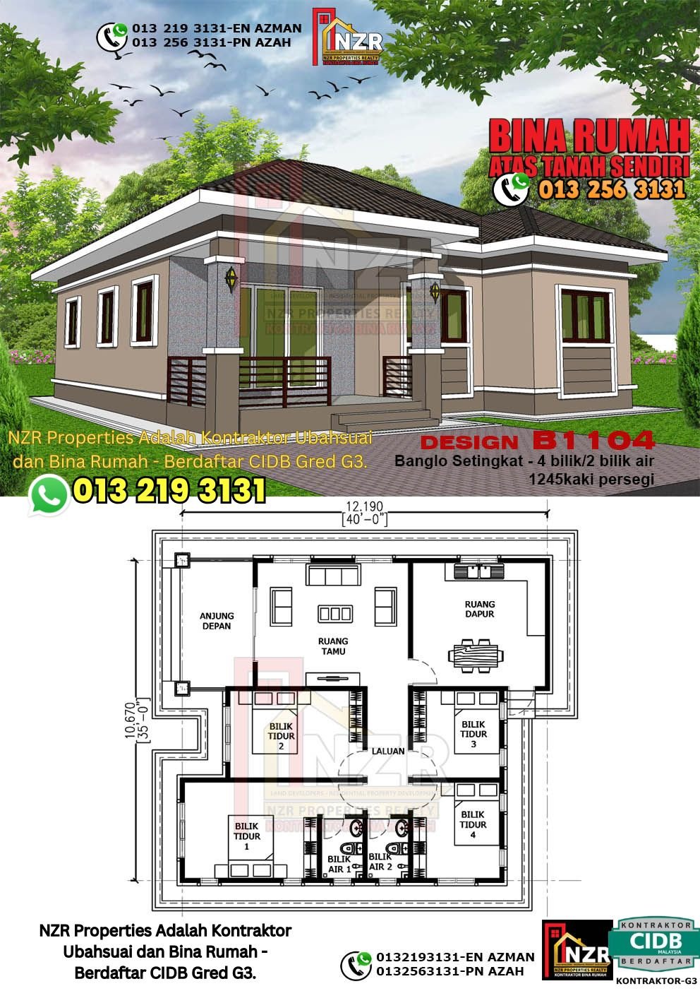 Design B1104 rumah 1 tingkat 1245 kps dengan 4 bilik tidur dan 2 bilik air.