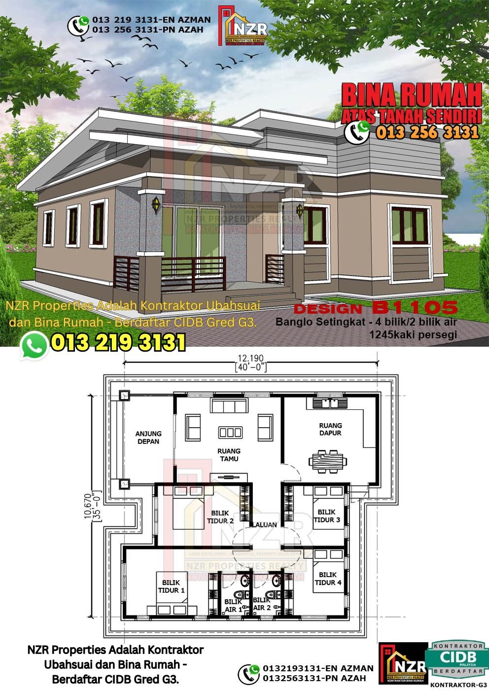 Design B1105 rumah 1 tingkat 1245 kps dengan 4 bilik tidur dan 2 bilik air.