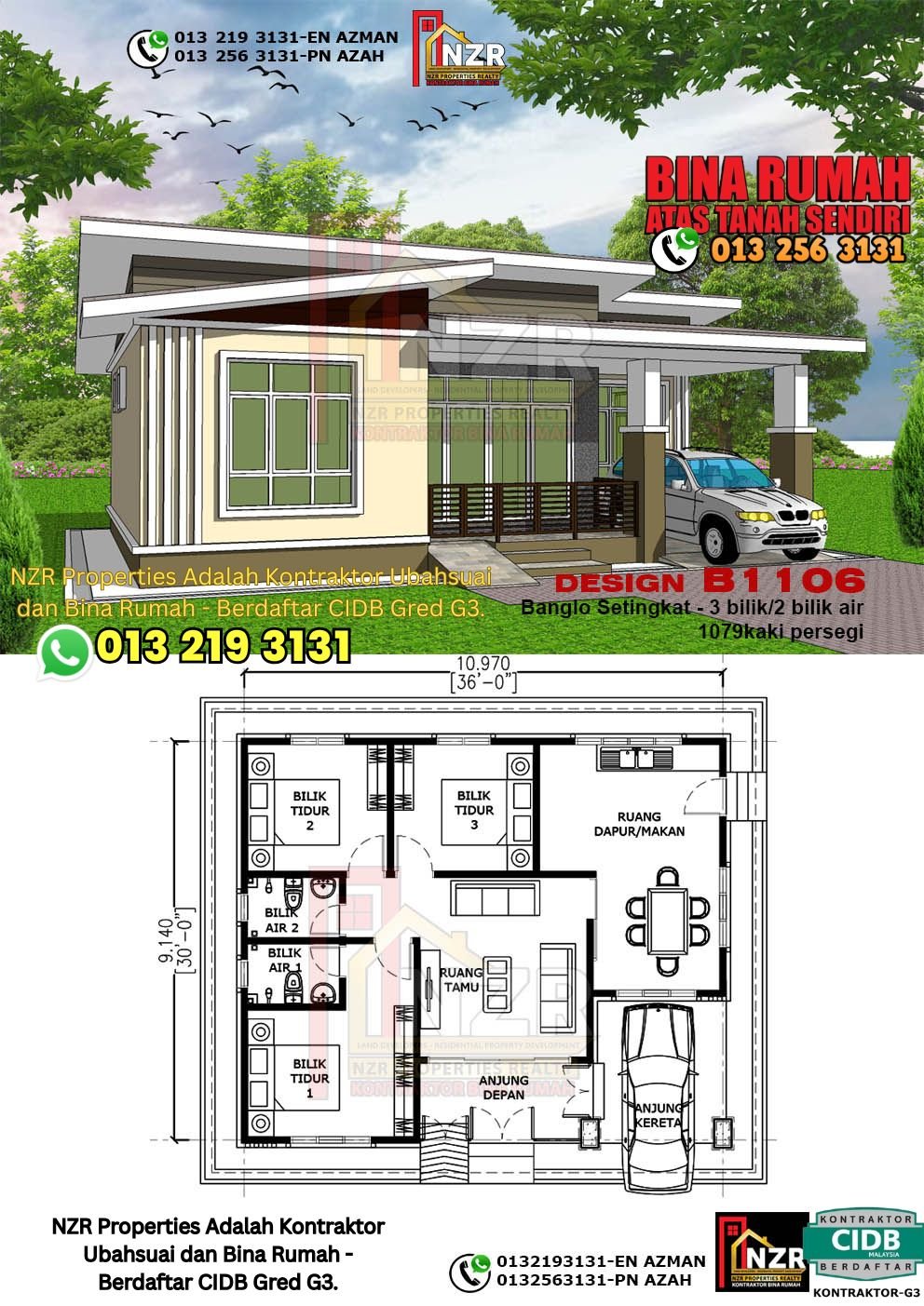 Design B1106 rumah 1 tingkat 1079 kps dengan 3 bilik tidur dan 2 bilik air.