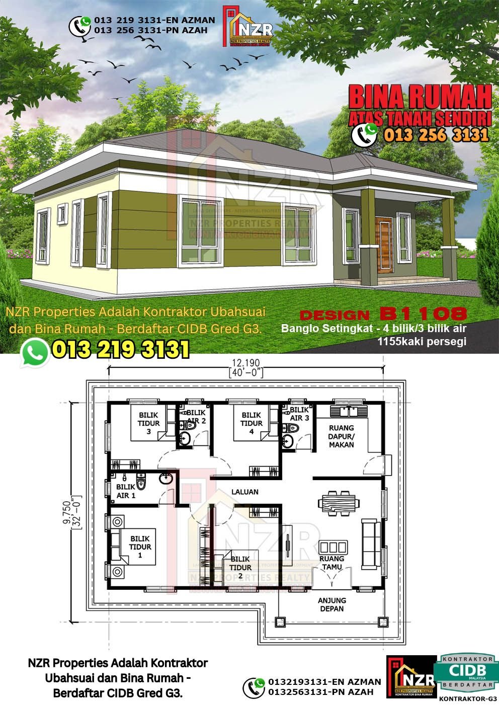 Design B1108 rumah 1 tingkat 1155 kps dengan 4 bilik tidur dan 3 bilik air.