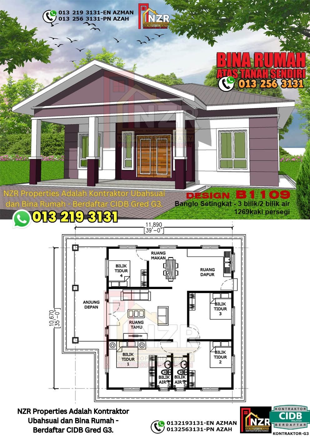 Design B1109 rumah 1 tingkat 1269 kps dengan 3 bilik tidur dan 2 bilik air.