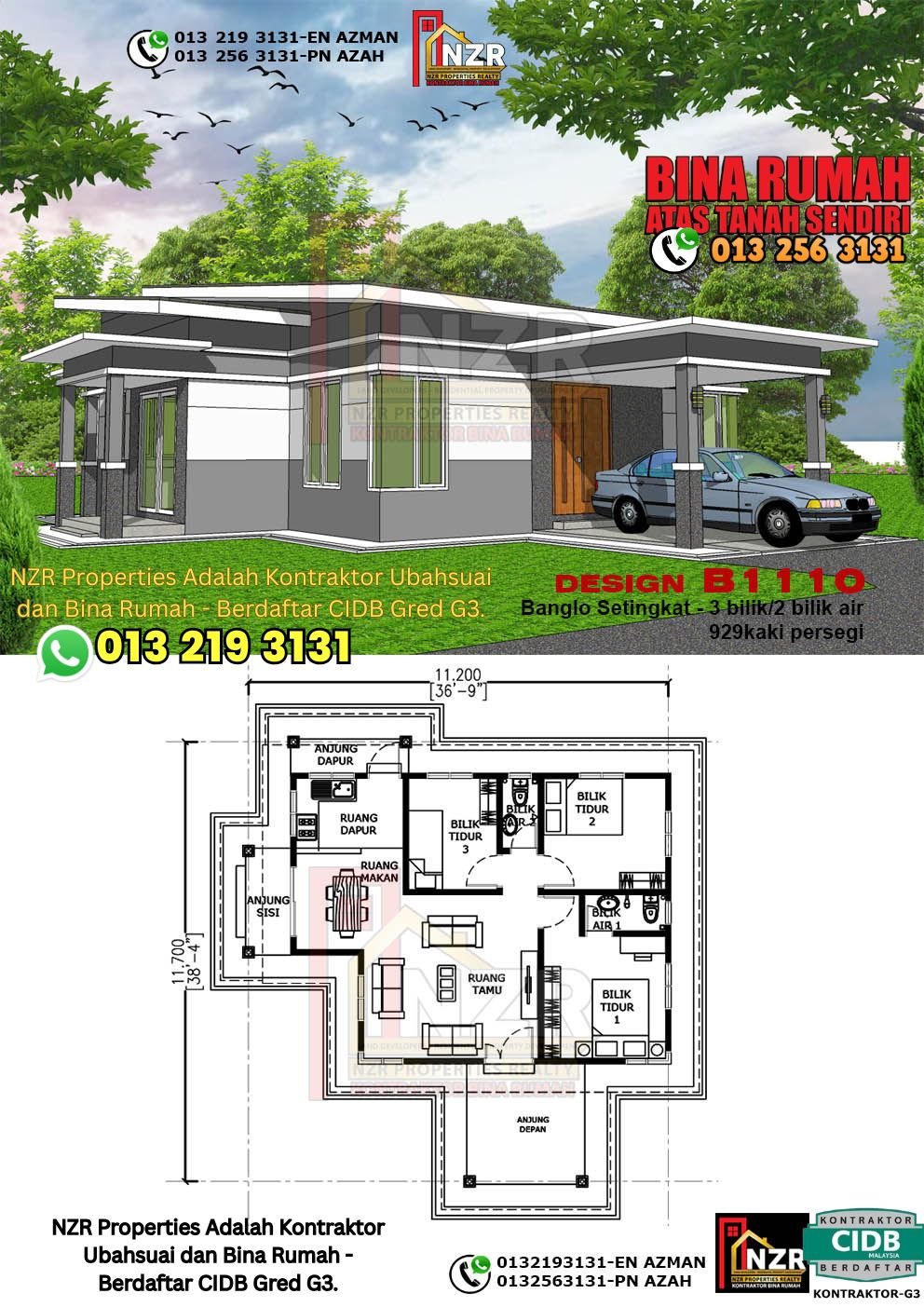 Design B1110 rumah 1 tingkat 929 kps dengan 3 bilik tidur dan 2 bilik air.