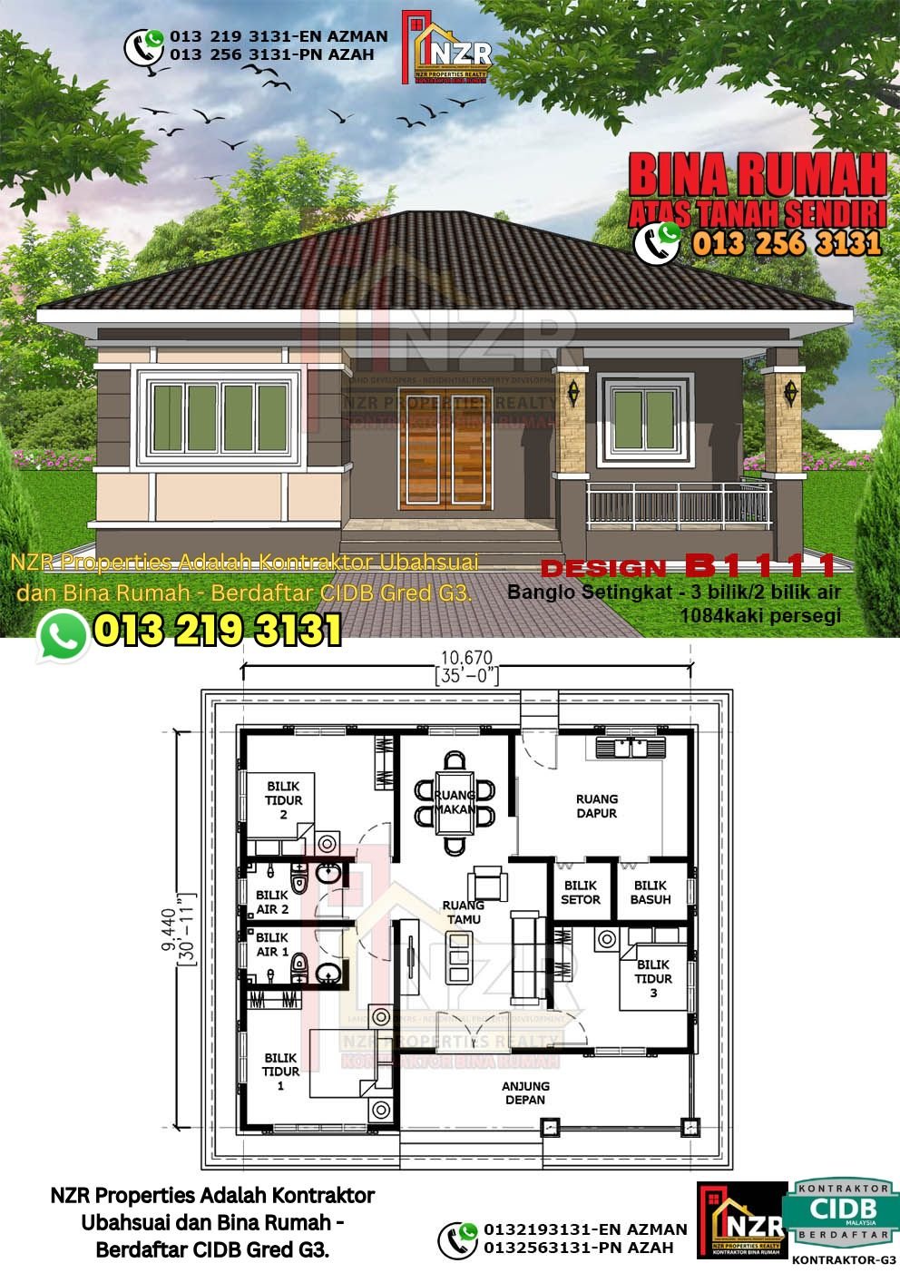 Design B1111 rumah 1 tingkat 1084 kps dengan 3 bilik tidur dan 2 bilik air.