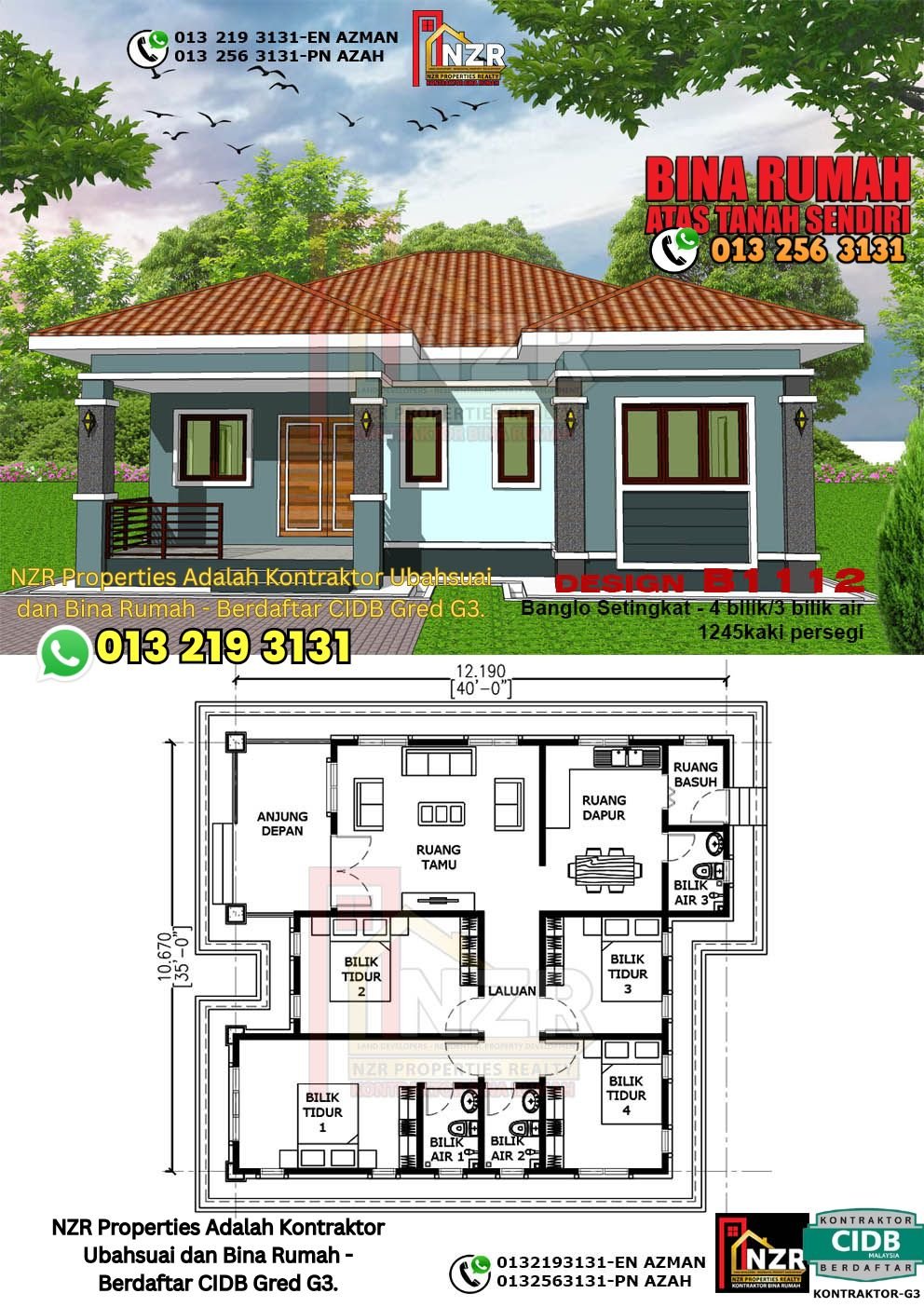 Design B1112 rumah 1 tingkat 1245 kps dengan 4 bilik tidur dan 3 bilik air.