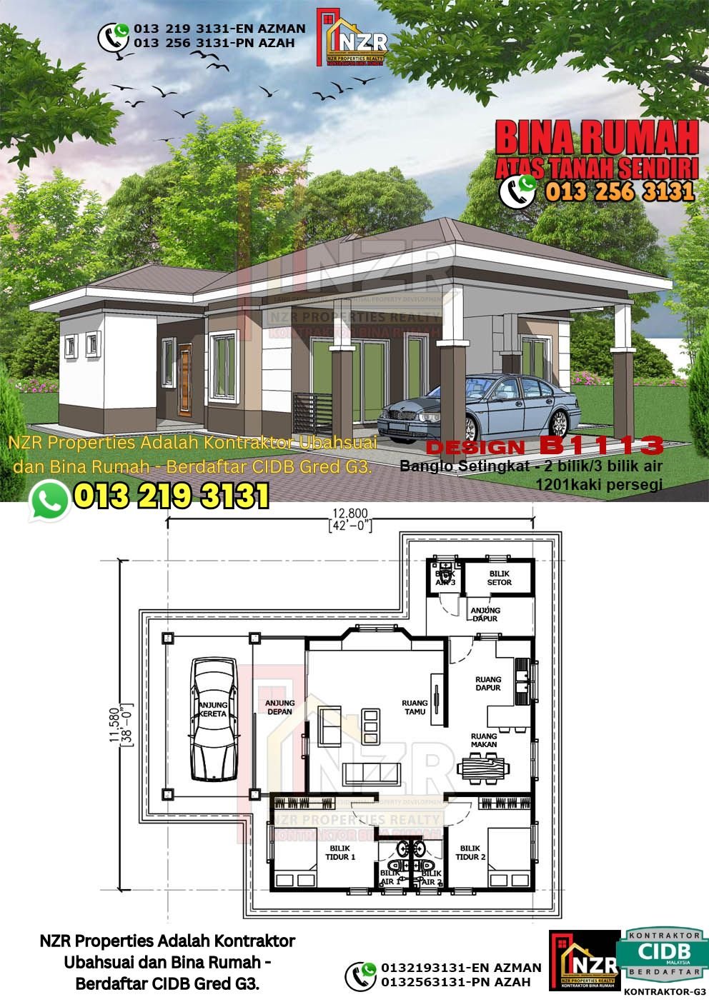 Design B113 rumah 1 tingkat 1201 kps dengan 2 bilik tidur dan 3 bilik air.