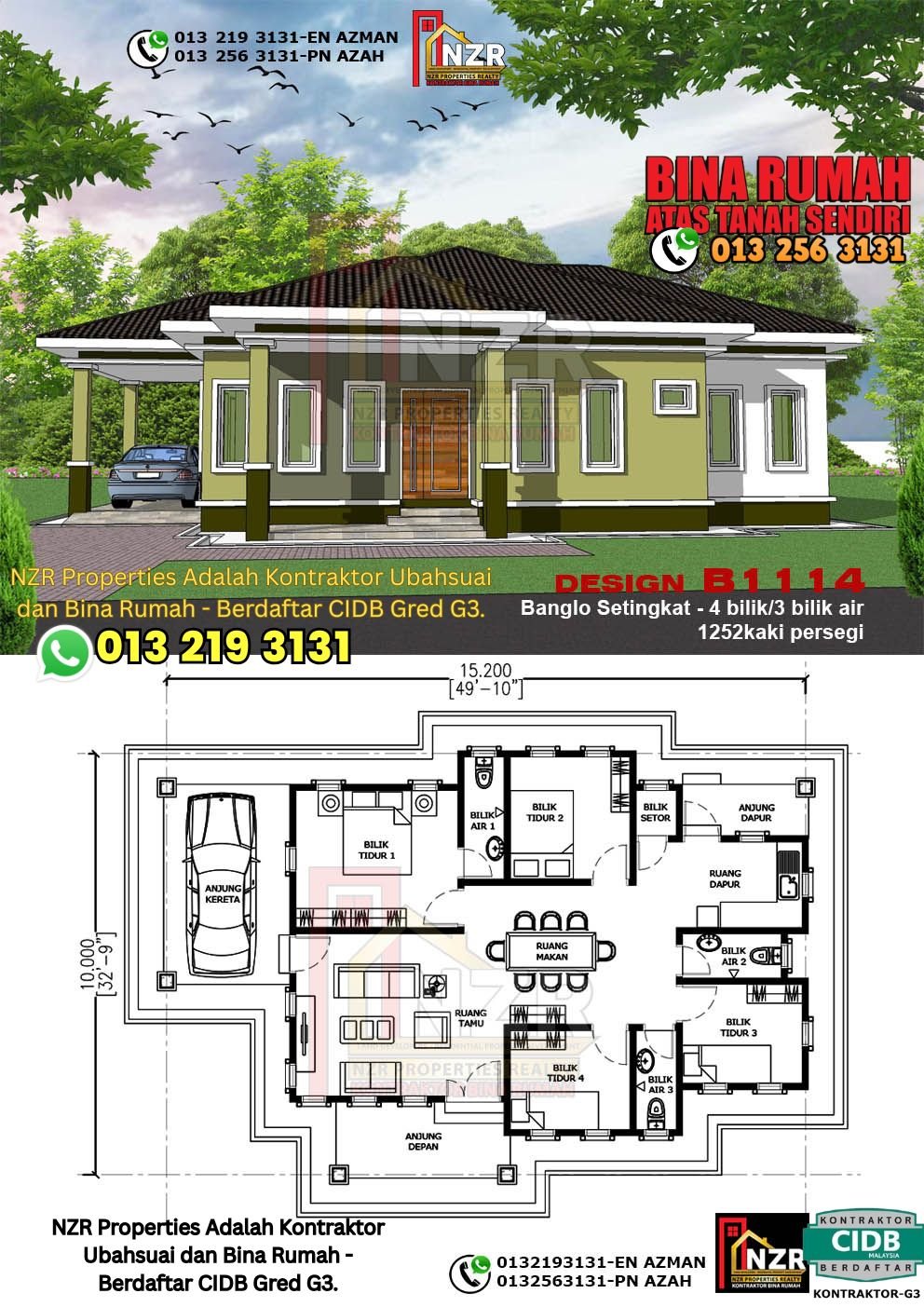 Design B1114 rumah 1 tingkat 1252 kps dengan 4 bilik tidur dan 3 bilik air.