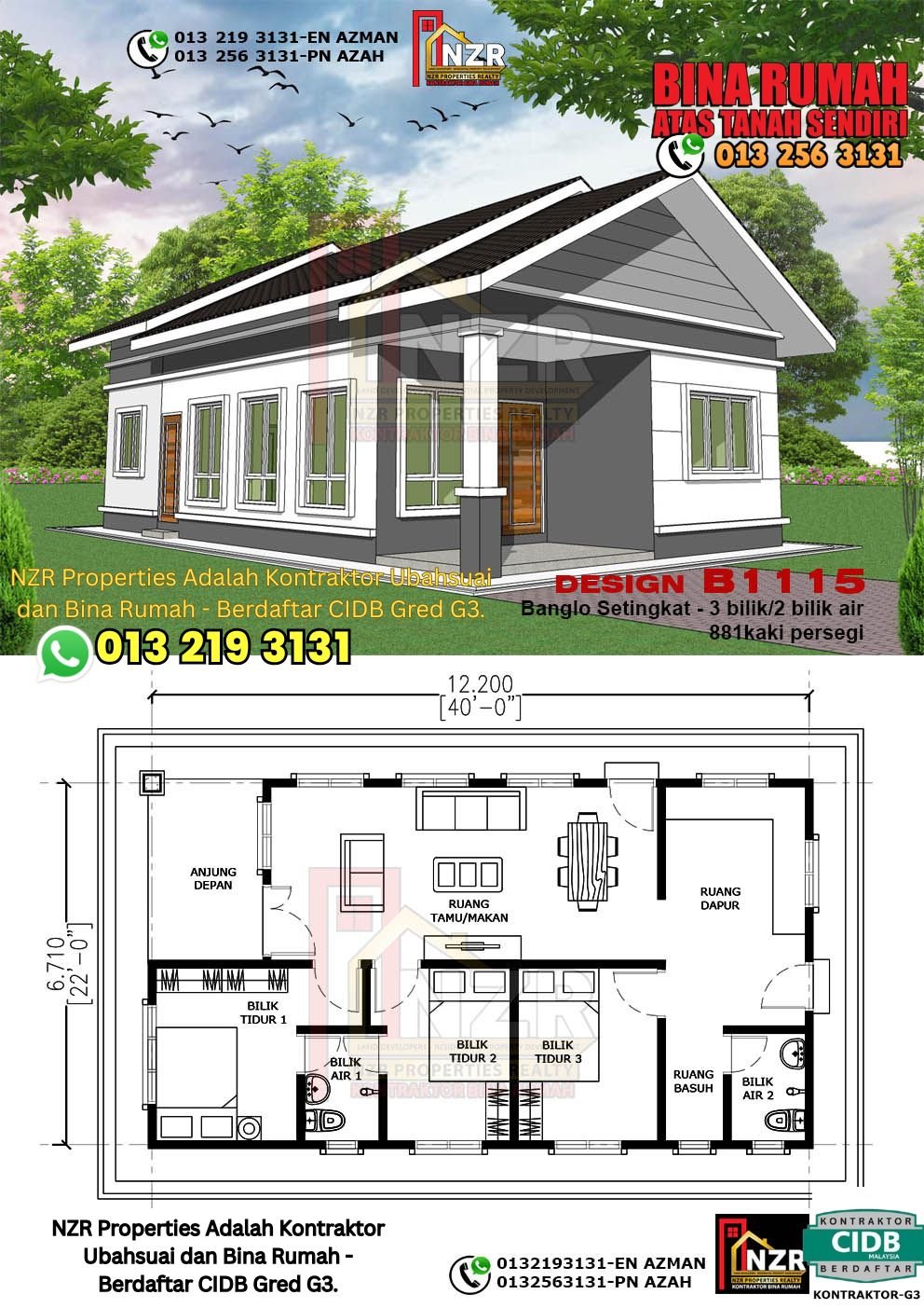 Design B1115 rumah 1 tingkat 881 kps dengan 3 bilik tidur dan 2 bilik air.
