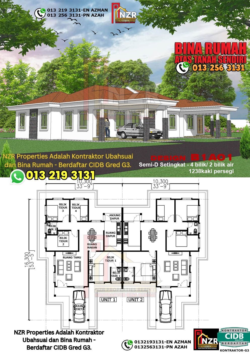Design B1A01 rumah Semi-D 1 tingkat 1238 kps dengan 4 bilik tidur dan 2 bilik air.