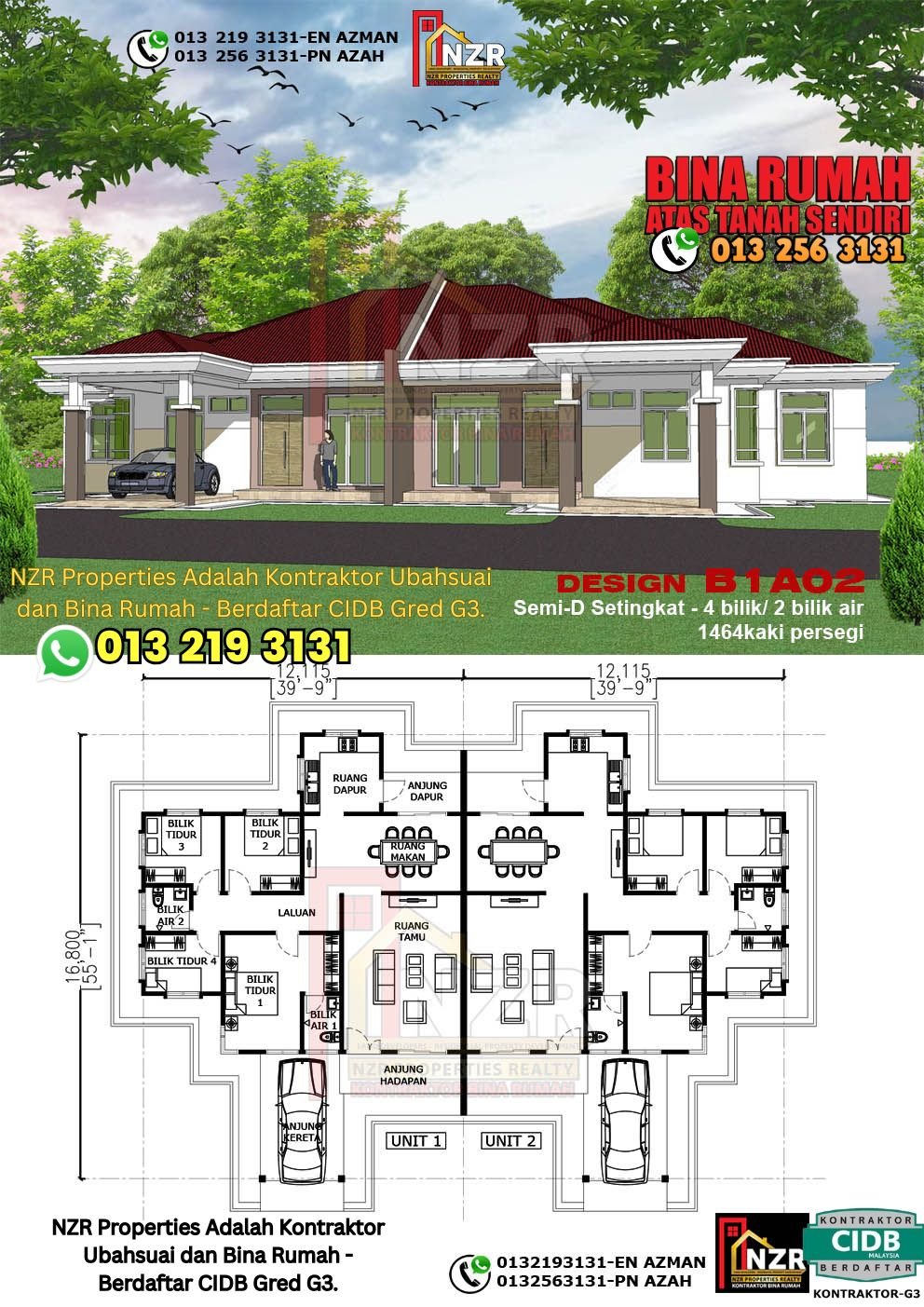 Design B1A02 rumah Semi-D 1 tingkat 1464 kps dengan 4 bilik tidur dan 2 bilik air.