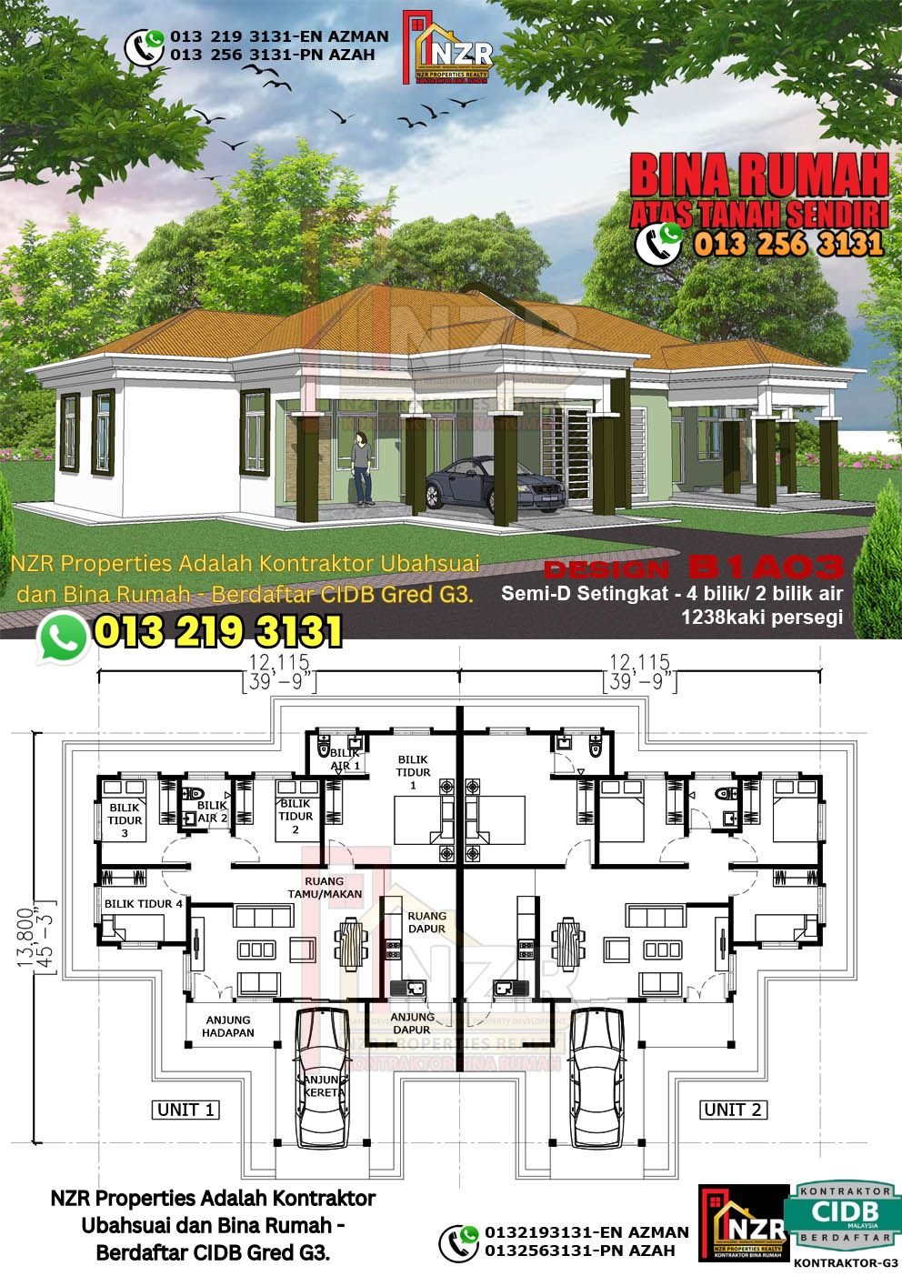 Design B1A03 rumah Semi-D 1 tingkat 1238 kps dengan 4 bilik tidur dan 2 bilik air.