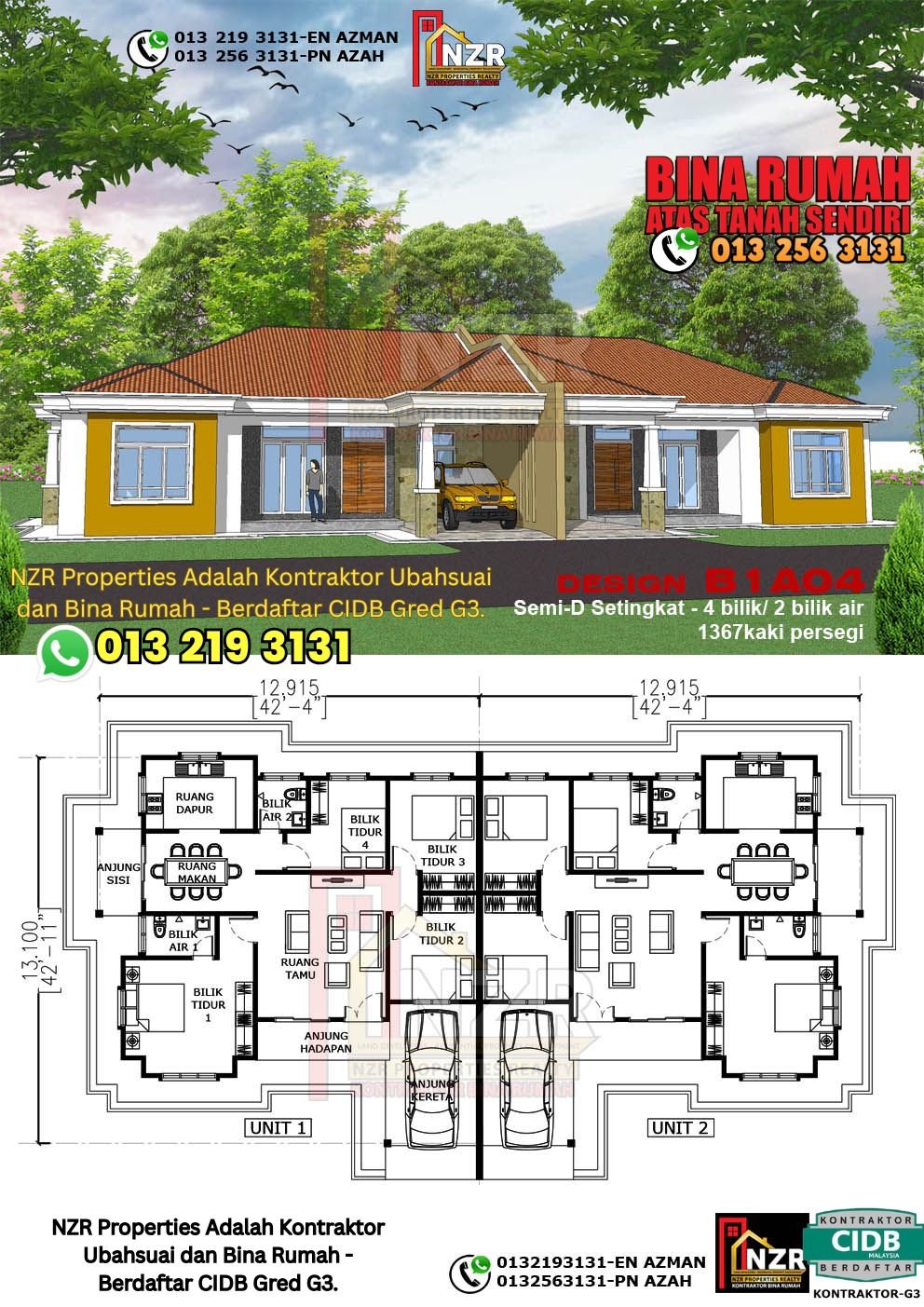 Design B1A04 rumah Semi-D 1 tingkat 1367 kps dengan 4 bilik tidur dan 2 bilik air.