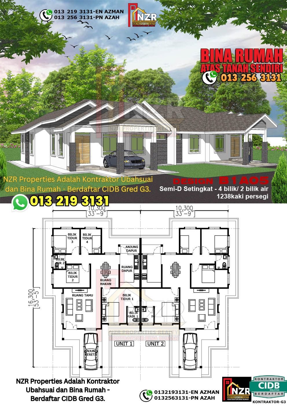 Design B1A05 rumah Semi-D 1 tingkat 1238 kps dengan 4 bilik tidur dan 2 bilik air.