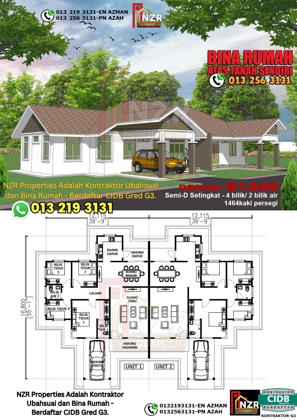 Design B1A06 rumah Semi-D 1 tingkat 1464 kps dengan 4 bilik tidur dan 2 bilik air.