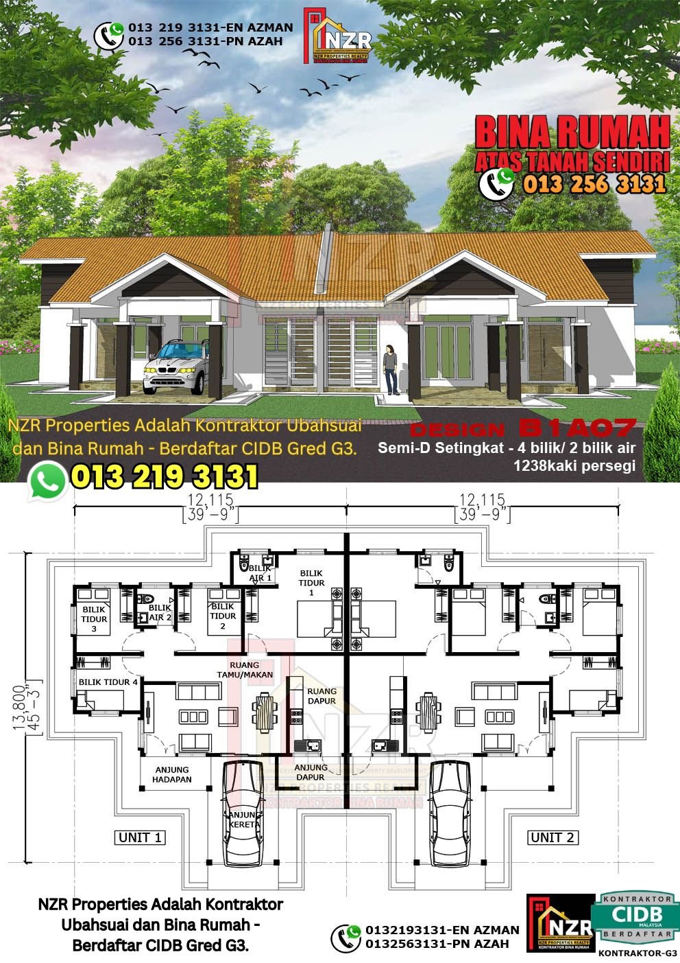 Design B1A07 rumah Semi-D 1 tingkat 1238 kps dengan 4 bilik tidur dan 2 bilik air.
