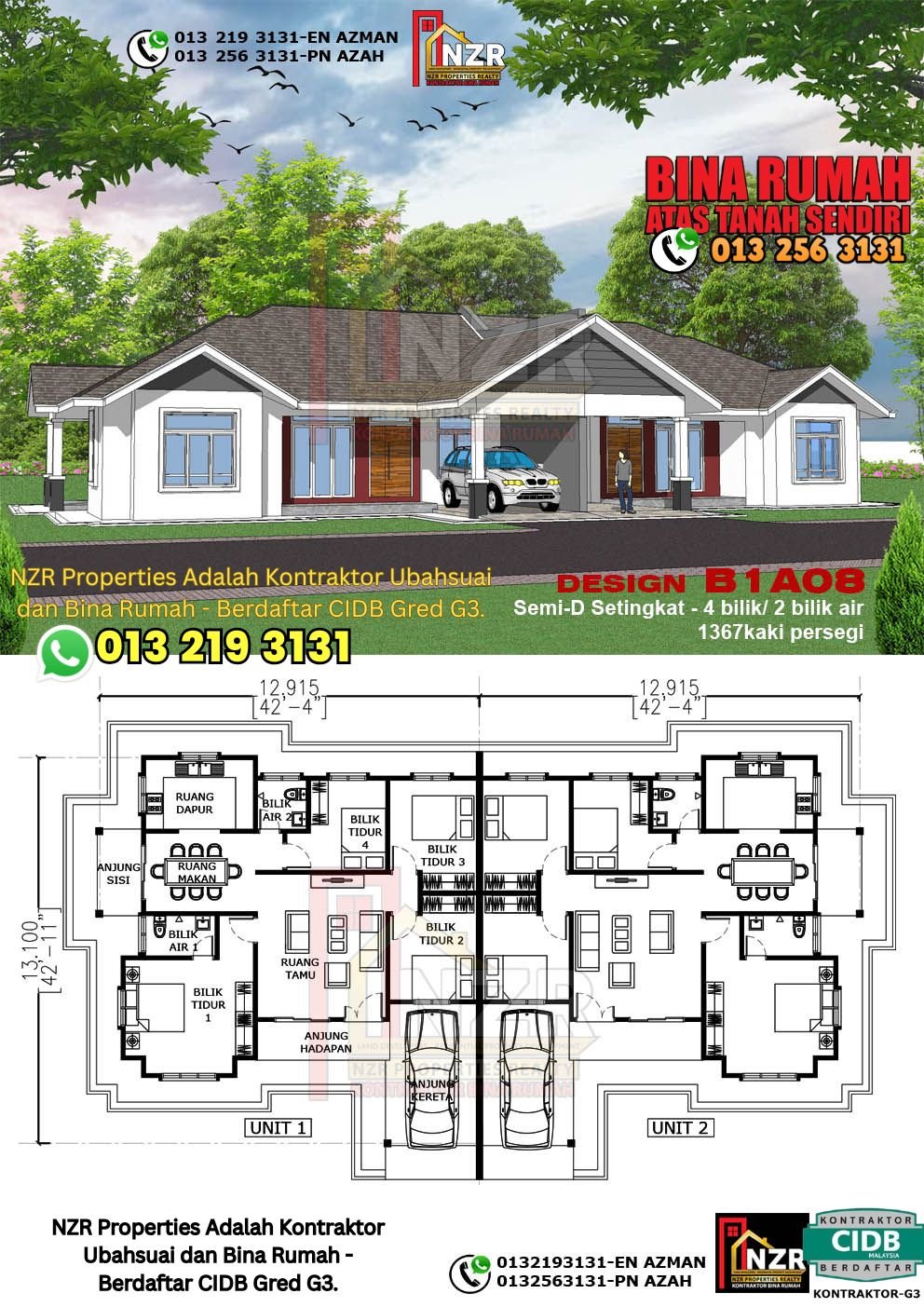 Design B1A08 rumah Semi-D 1 tingkat 1367 kps dengan 4 bilik tidur dan 2 bilik air.