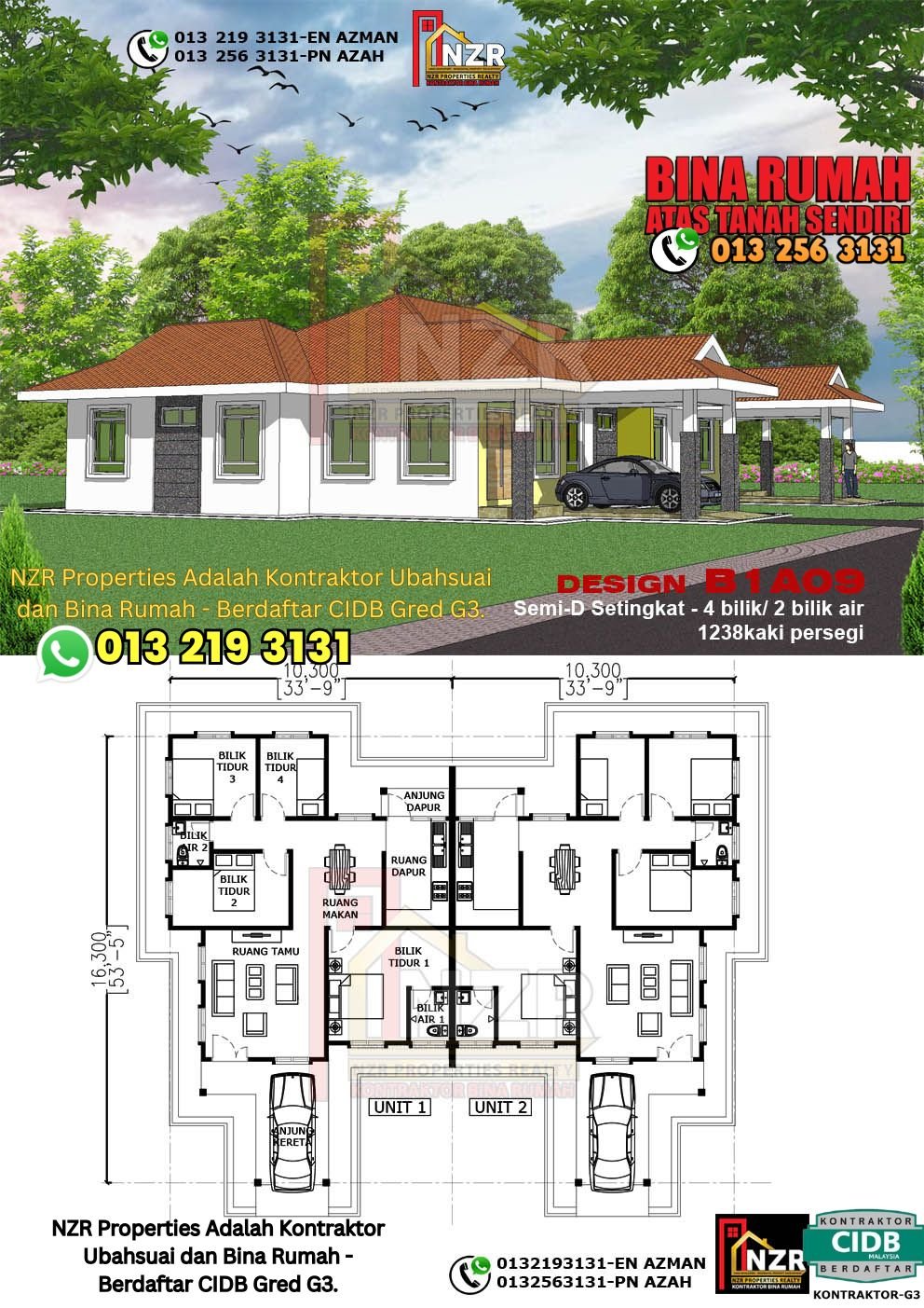 Design B1A09 rumah Semi-D 1 tingkat 1238 kps dengan 4 bilik tidur dan 2 bilik air.