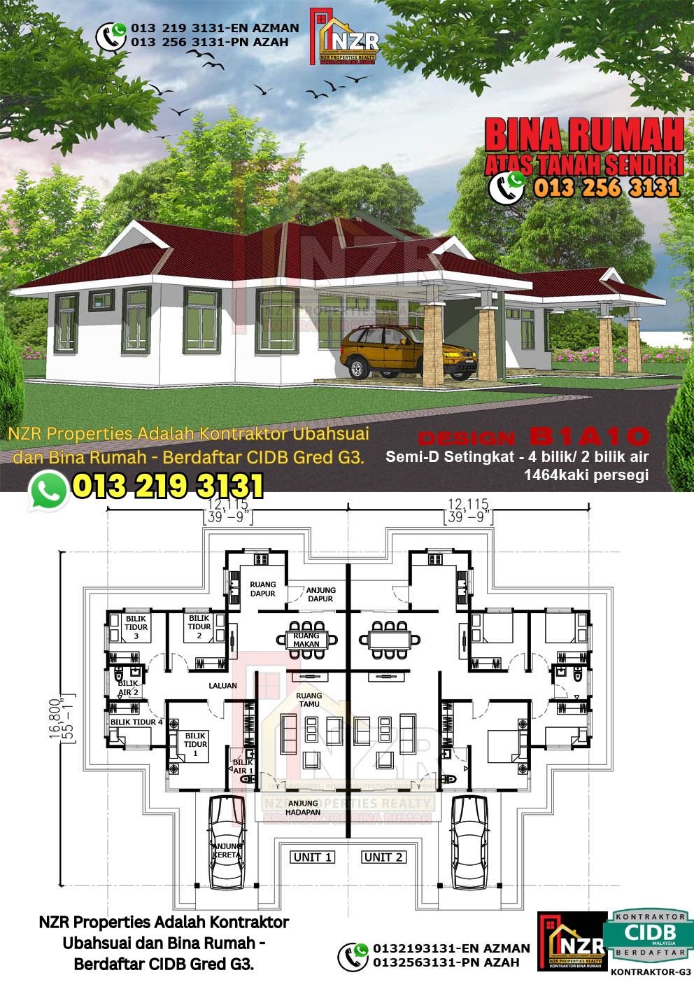 Design B1A10 rumah Semi-D 1 tingkat 1464 kps dengan 4 bilik tidur dan 2 bilik air.