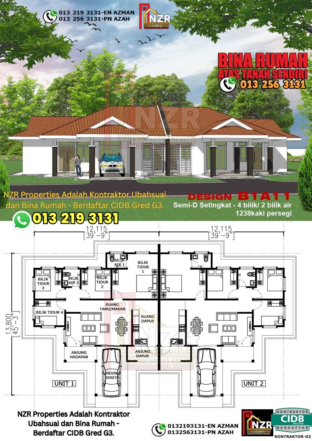 Design B1A11 rumah Semi-D 1 tingkat 1238 kps dengan 4 bilik tidur dan 2 bilik air.