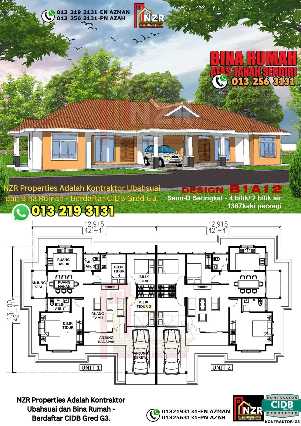 Design B1A12 rumah Semi-D 1 tingkat 1367 kps dengan 4 bilik tidur dan 2 bilik air.