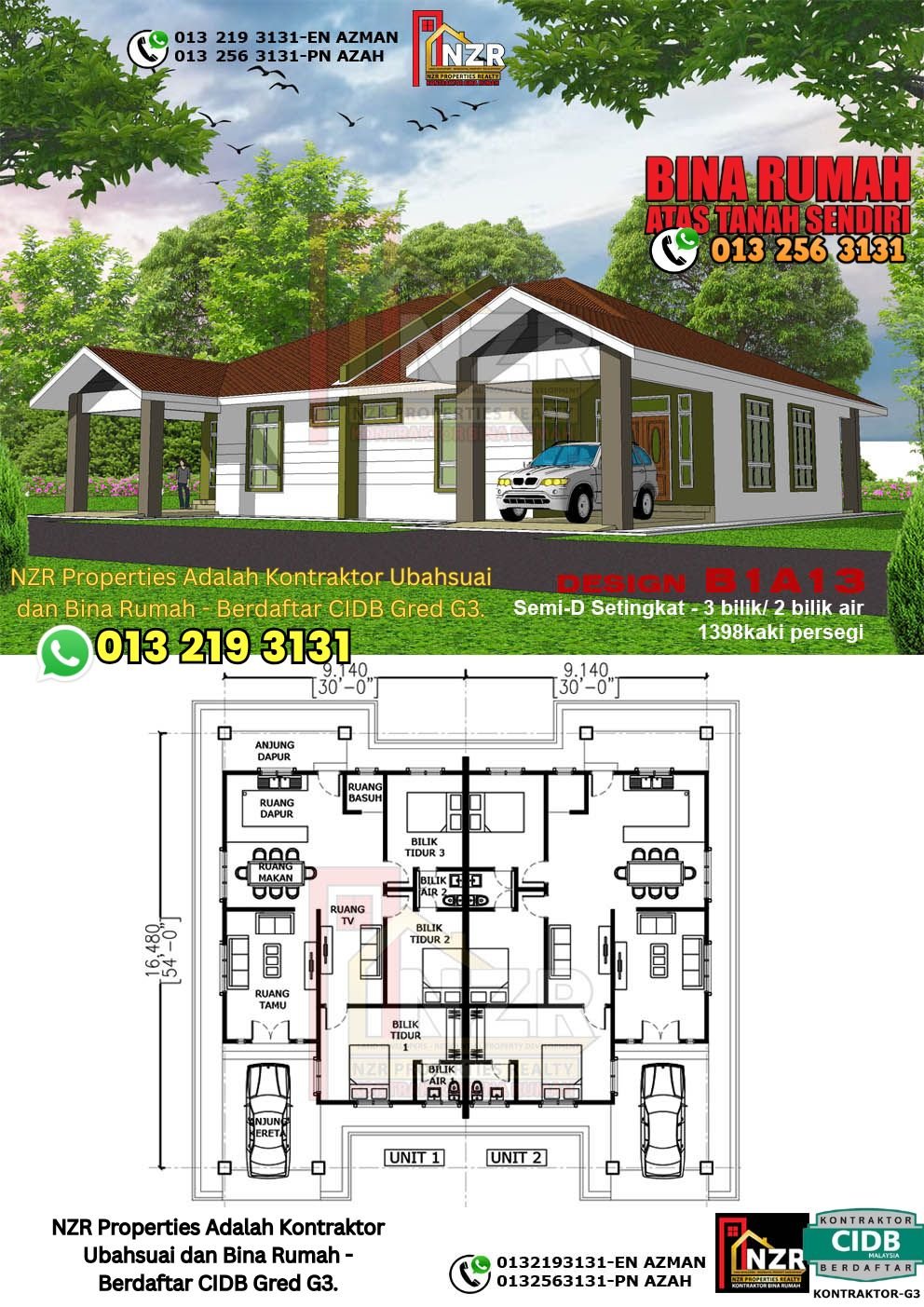 Design B1A13 rumah Semi-D 1 tingkat 1398 kps dengan 3 bilik tidur dan 2 bilik air.