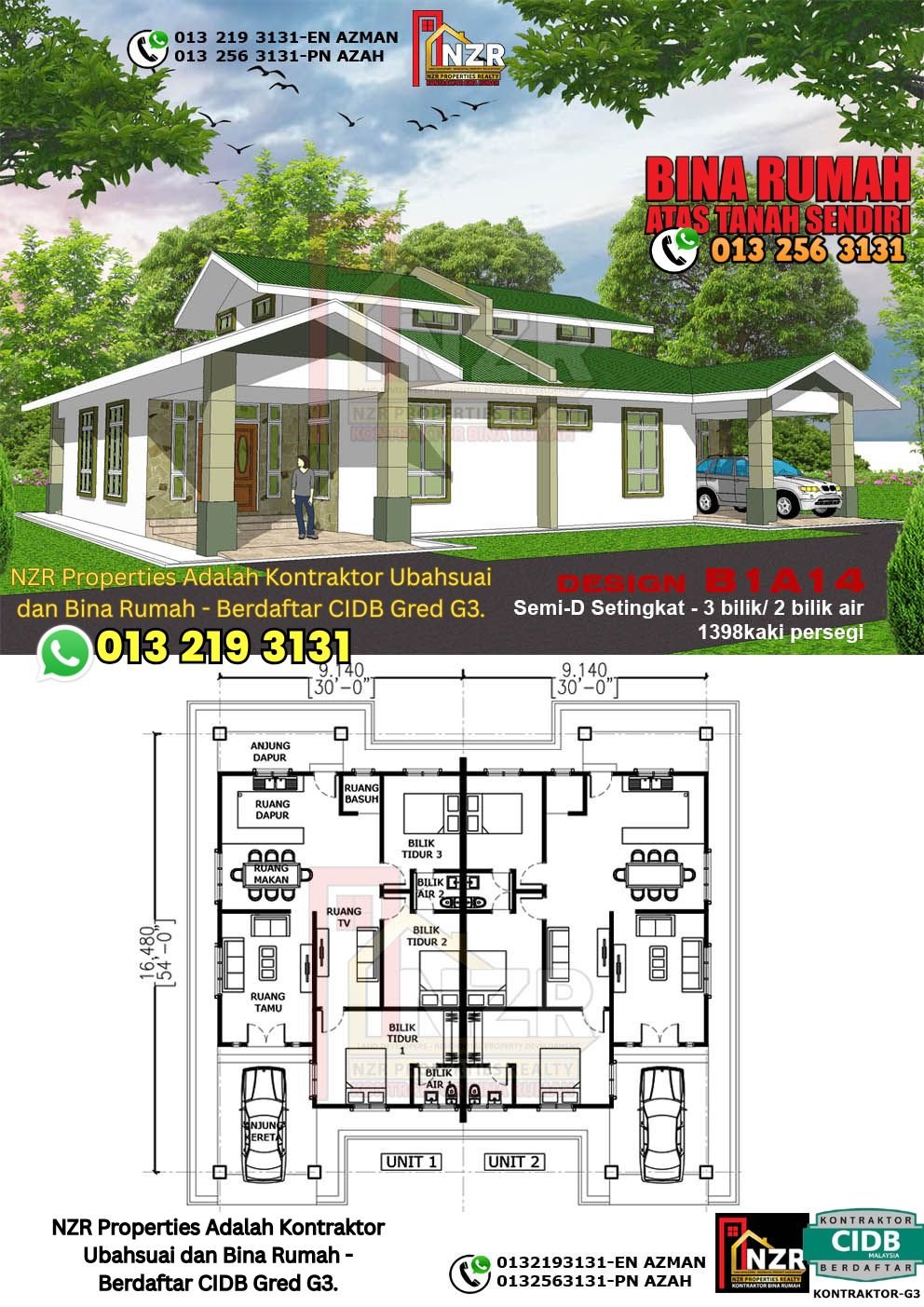 Design B1A14 rumah Semi-D 1 tingkat 1398 kps dengan 3 bilik tidur dan 2 bilik air.