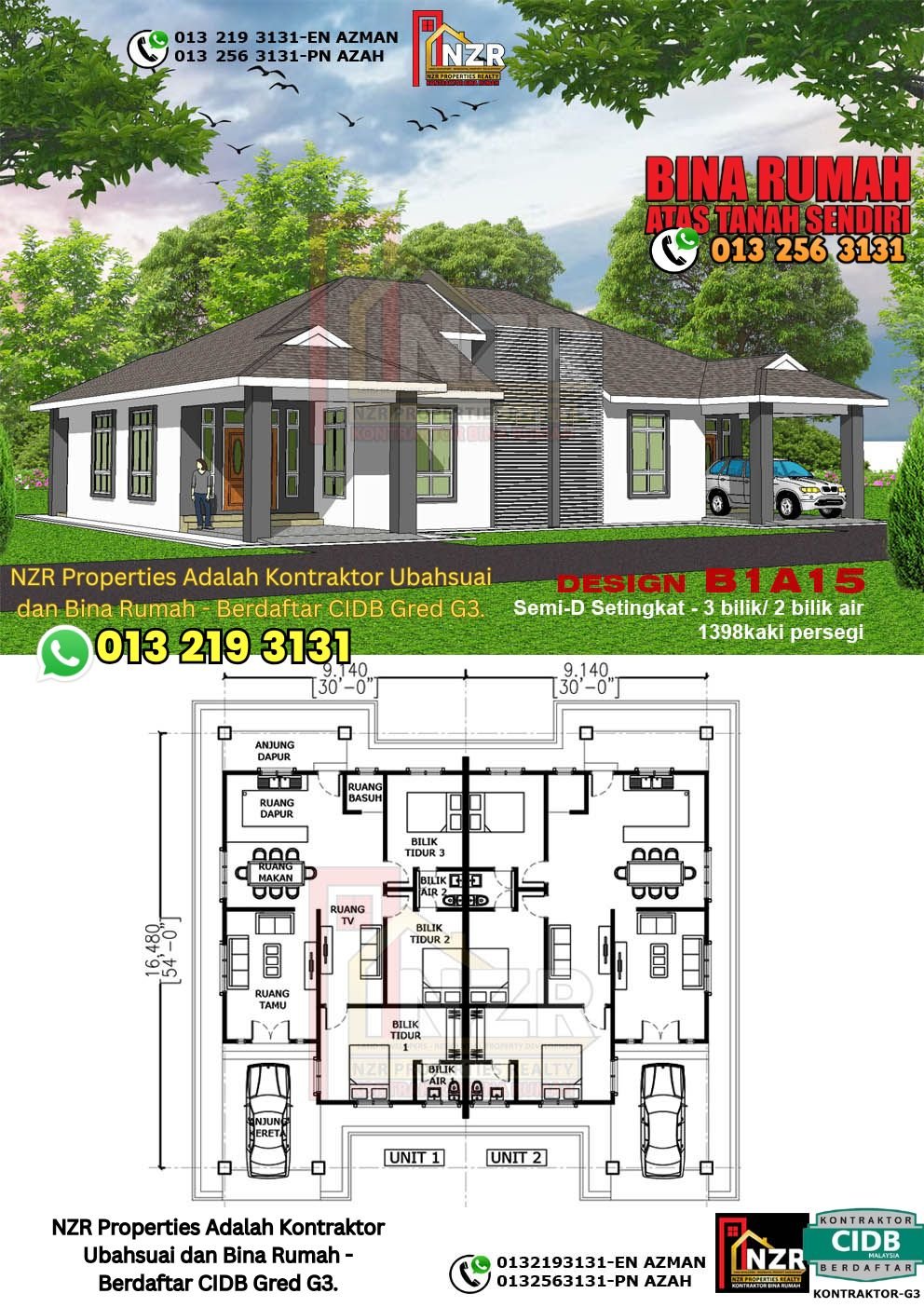 Design B1A15 rumah Semi-D 1 tingkat 1398 kps dengan 3 bilik tidur dan 2 bilik air.