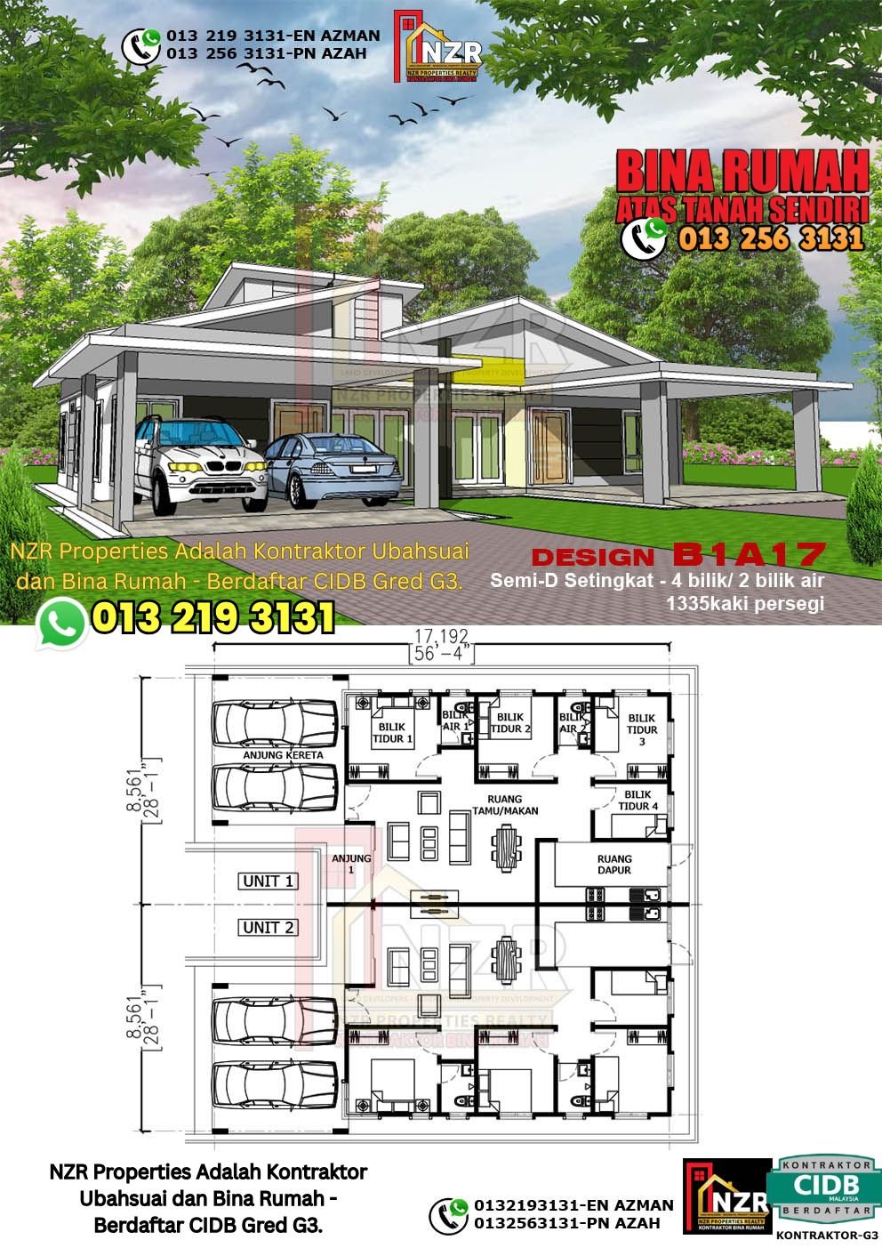 Design B1A17 rumah Semi-D 1 tingkat 1335 kps dengan 4 bilik tidur dan 2 bilik air.