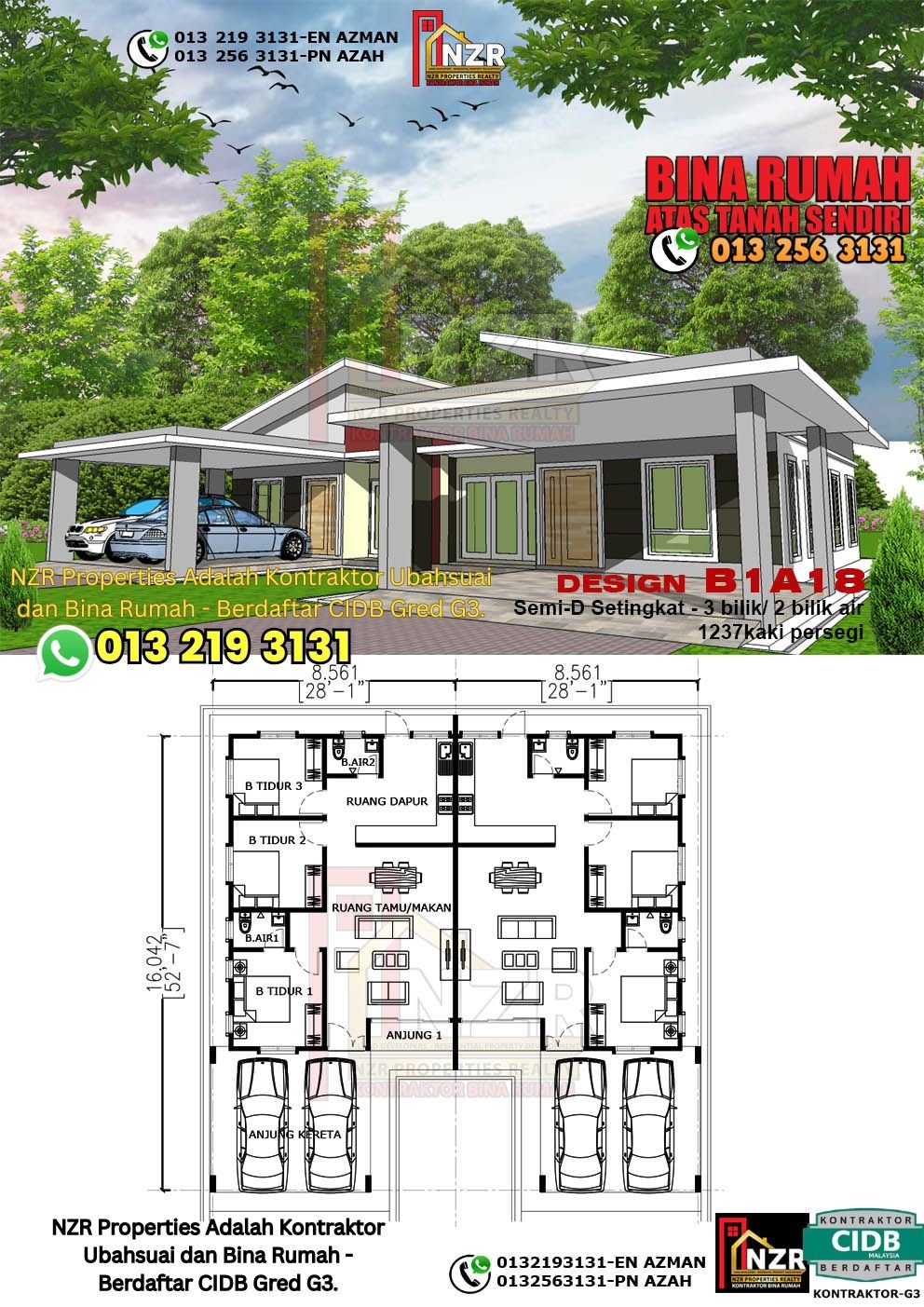 Design B1A18 rumah Semi-D 1 tingkat 1237 kps dengan 3 bilik tidur dan 2 bilik air.