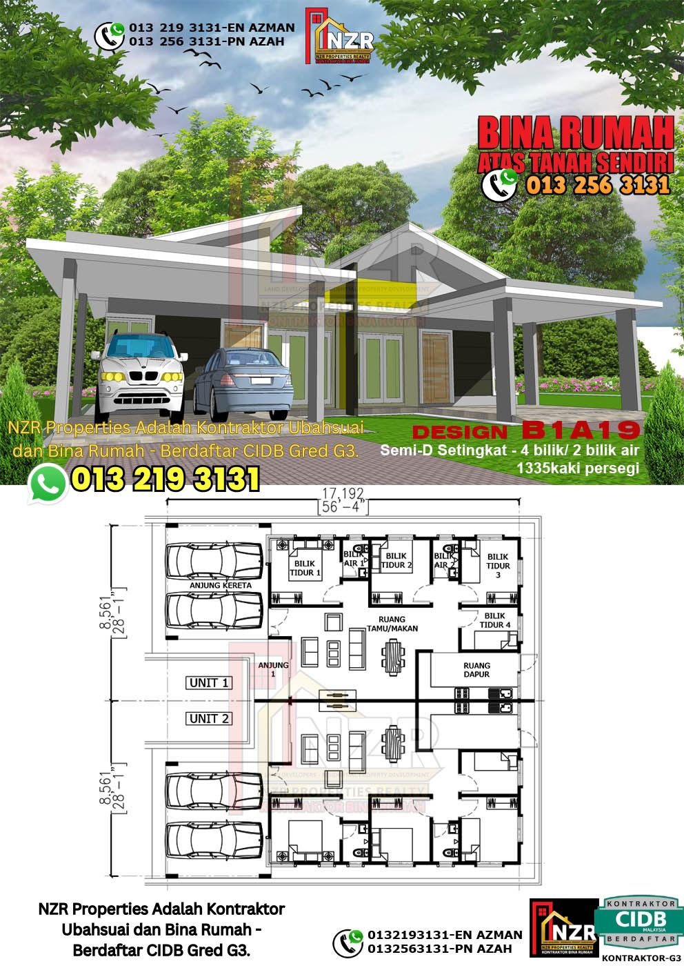 Design B1A19 rumah Semi-D 1 tingkat 1335 kps dengan 4 bilik tidur dan 2 bilik air.