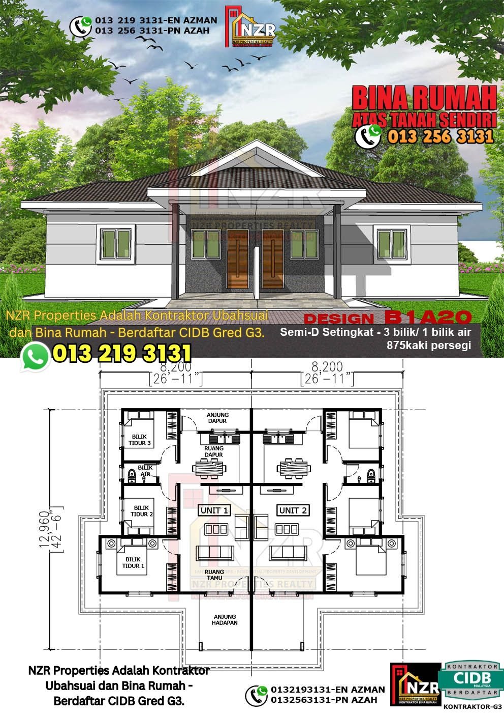 Design B1A20 rumah Semi-D 1 tingkat 875 kps dengan 3 bilik tidur dan 1 bilik air.