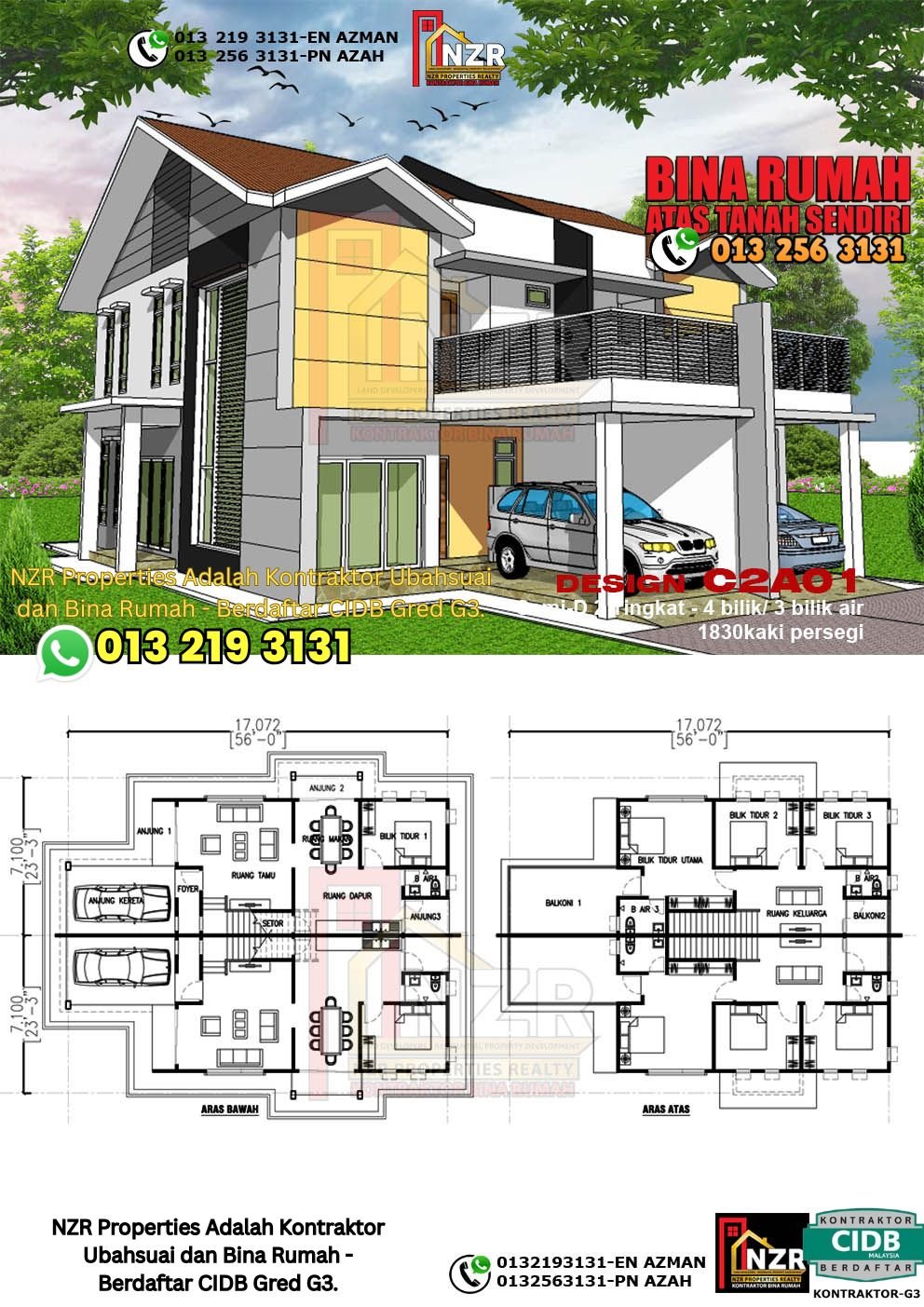 Design C2A01 rumah Semi-D 2 tingkat 1830 kps dengan 4 bilik tidur dan 3 bilik air.