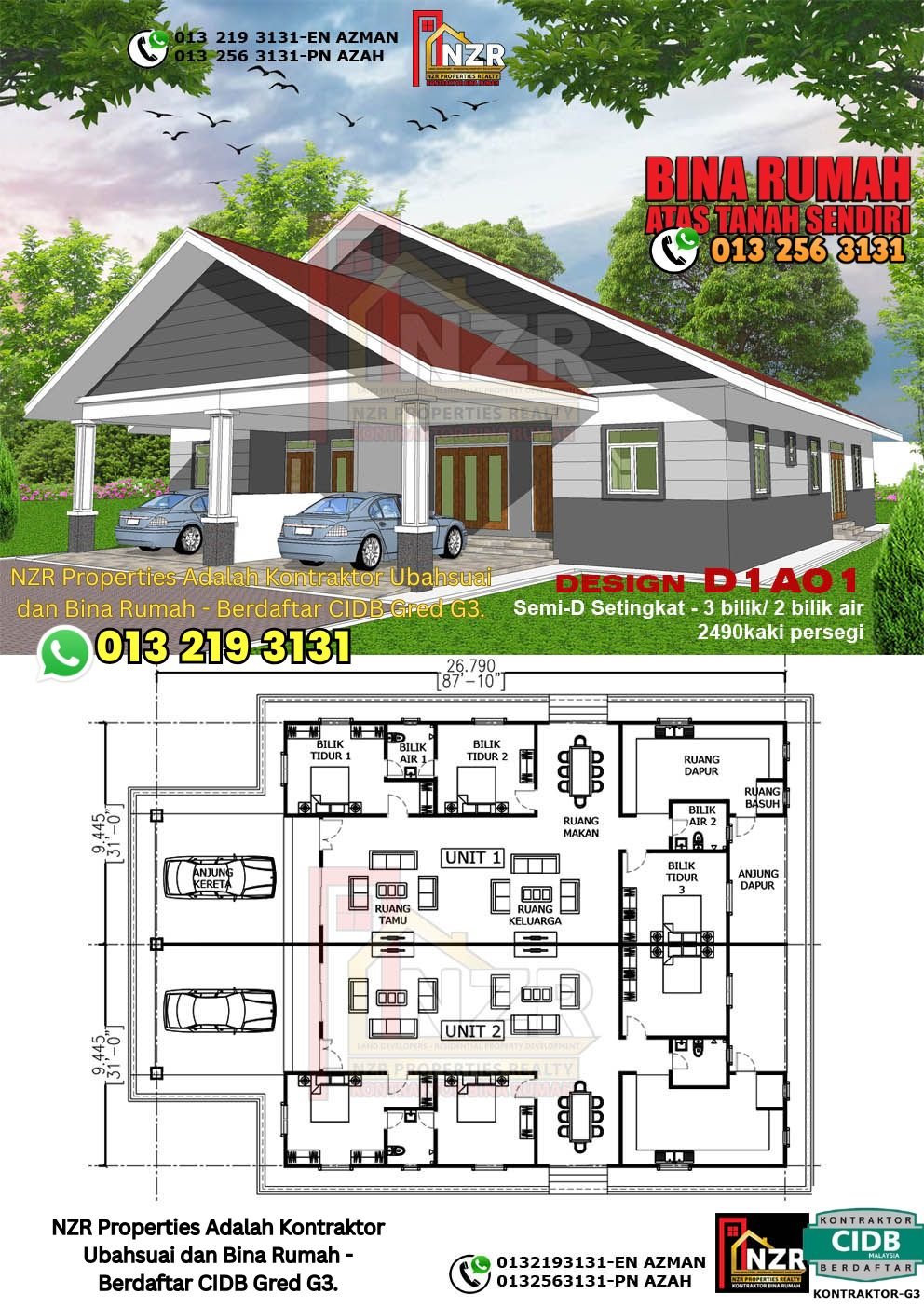 Design D1A01 rumah Semi-D 1 tingkat 2490 kps dengan 3 bilik tidur dan 2 bilik air.