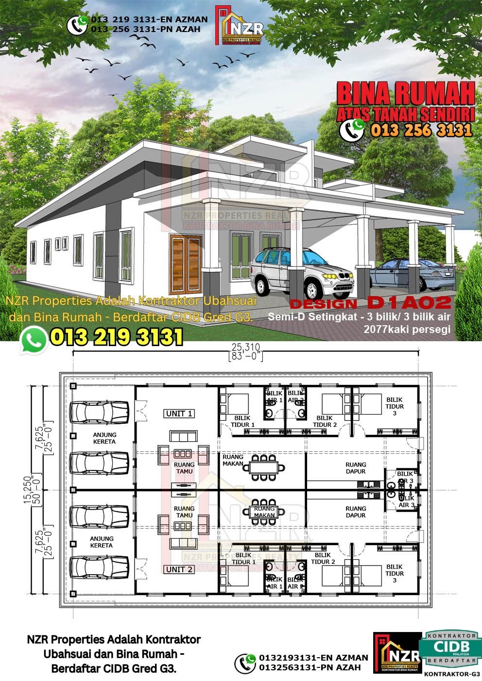 Design D1A02 rumah Semi-D 1 tingkat 2077 kps dengan 3 bilik tidur dan 2 bilik air.