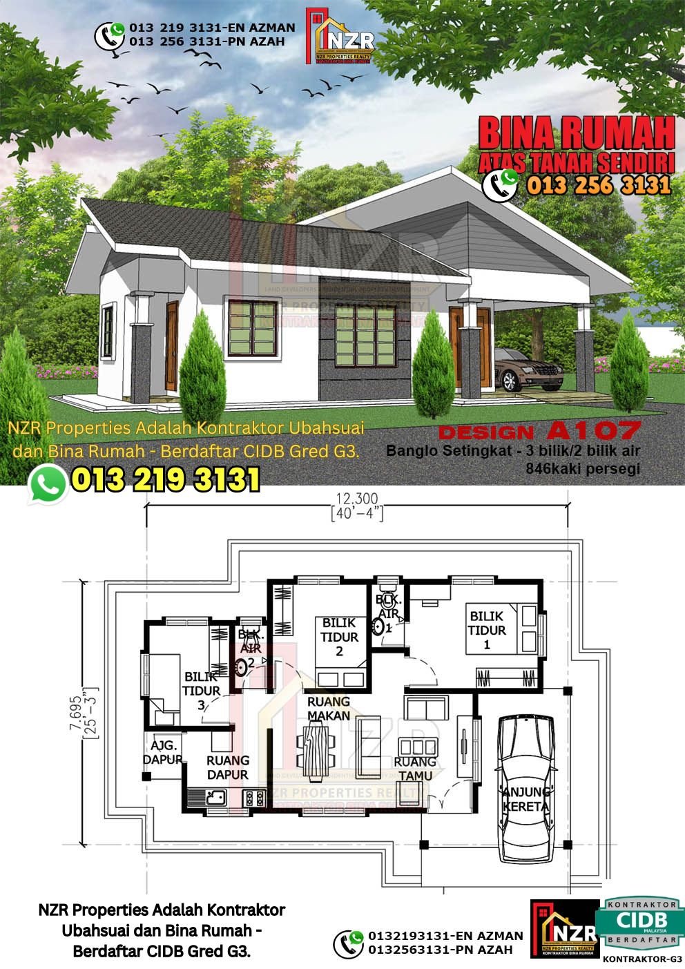 Reka bentuk A107 rumah setingkat 846 kps dengan 3 bilik tidur dan 2 bilik air.