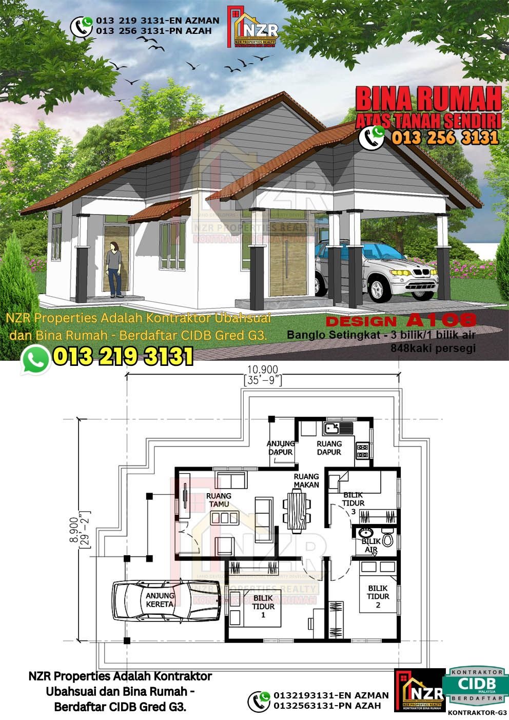 Reka bentuk A108 rumah setingkat 848 kps dengan 3 bilik tidur dan 1 bilik air.