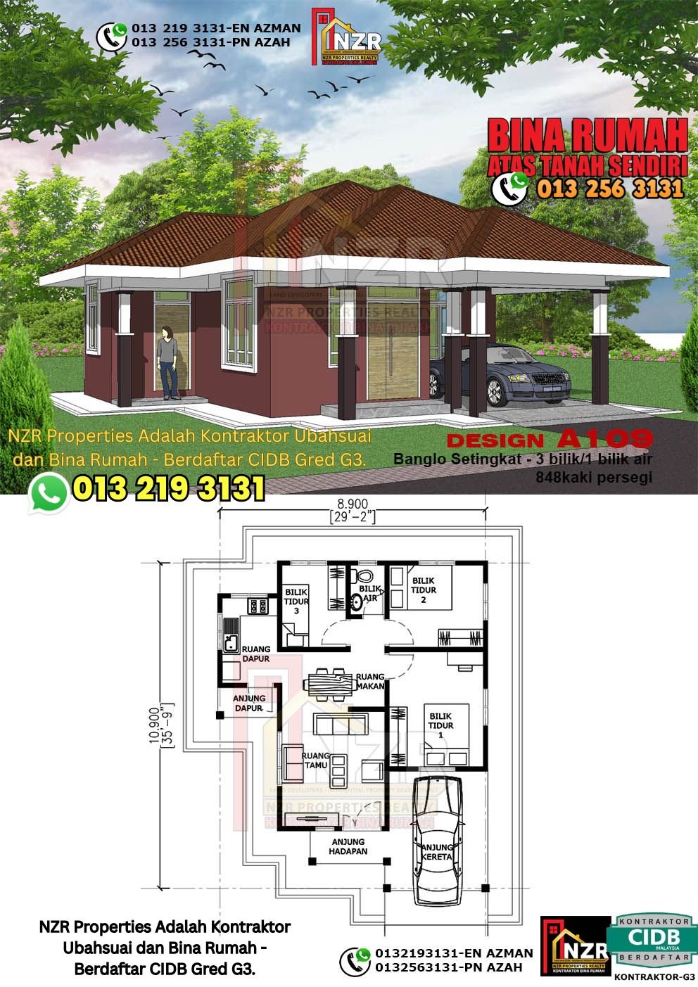 Reka bentuk A109 rumah setingkat 848 kps dengan 3 bilik tidur dan 1 bilik air.