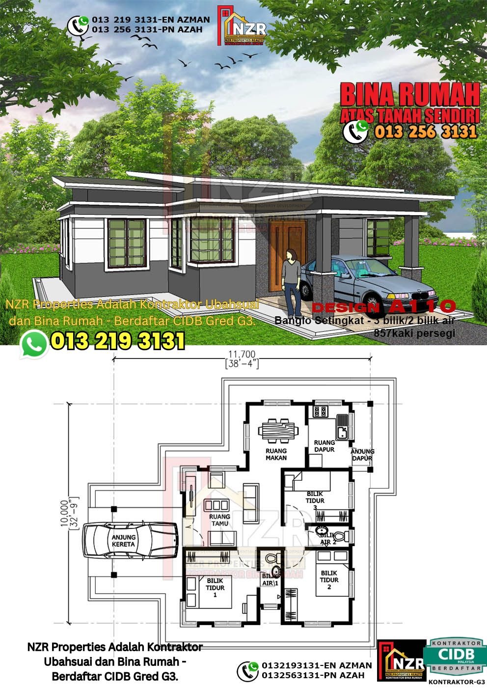 Reka bentuk A110 rumah setingkat 857 kps dengan 3 bilik tidur dan 2 bilik air.