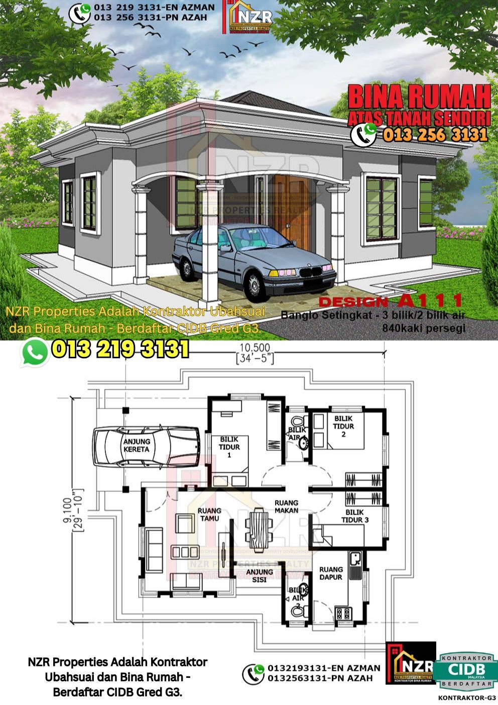 Reka bentuk A111 rumah setingkat 840 kps dengan 3 bilik tidur dan 2 bilik air.