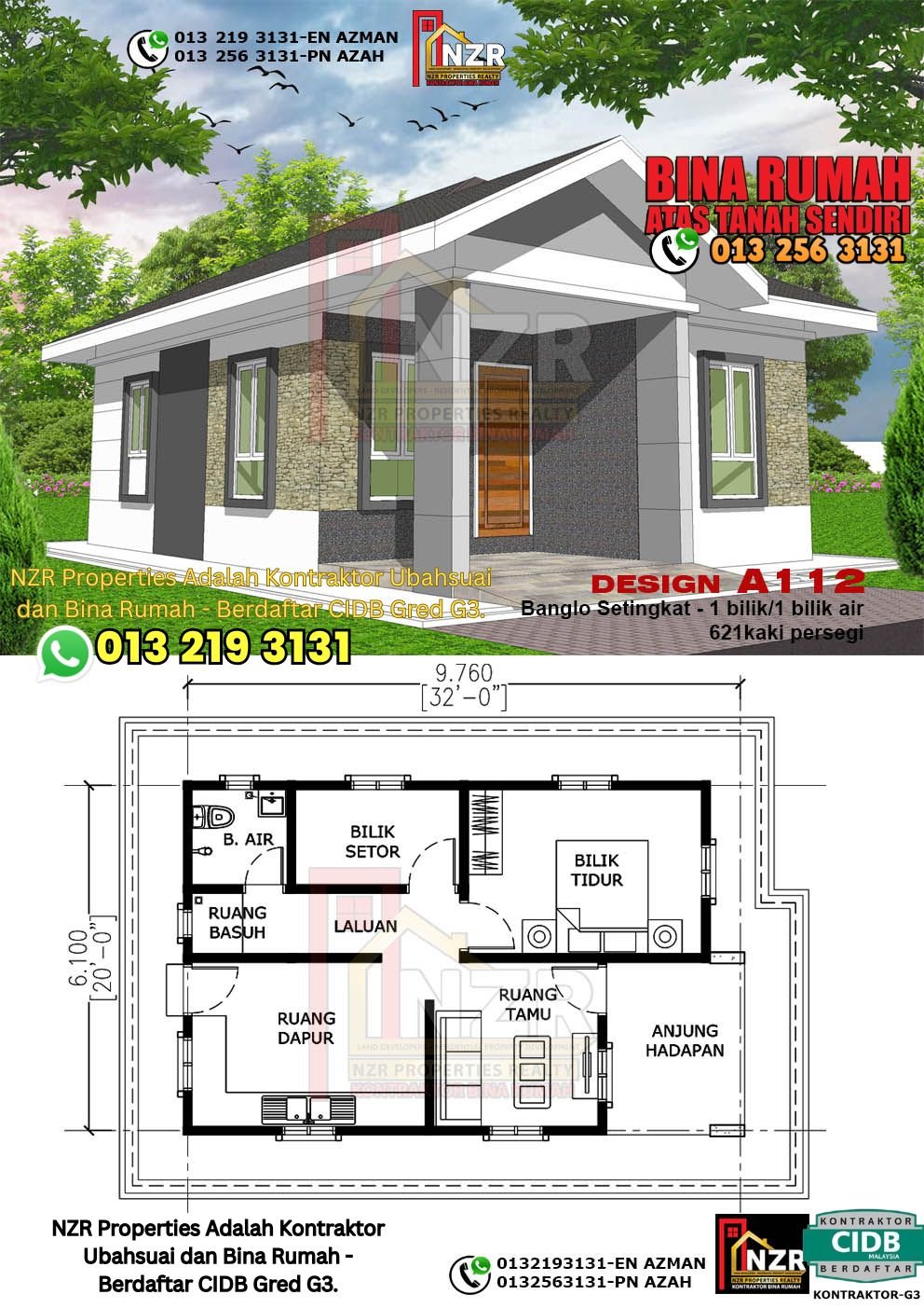 Reka bentuk A112 rumah setingkat 621 kps dengan 1 bilik tidur dan 1 bilik air.