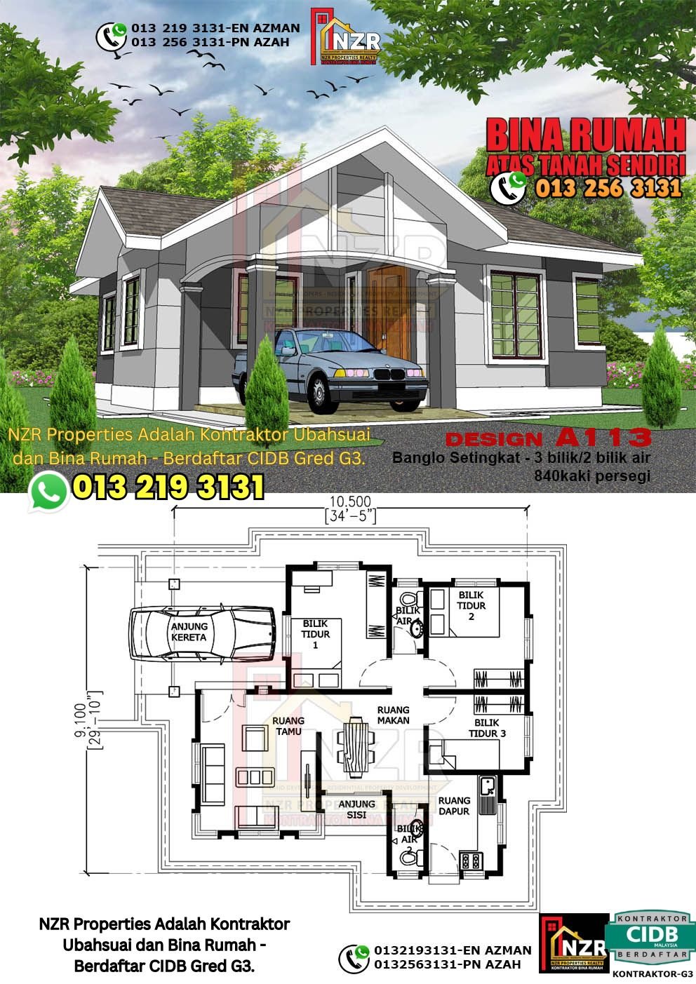 Reka bentuk A113 rumah setingkat 840 kps dengan 3 bilik tidur dan 2 bilik air.