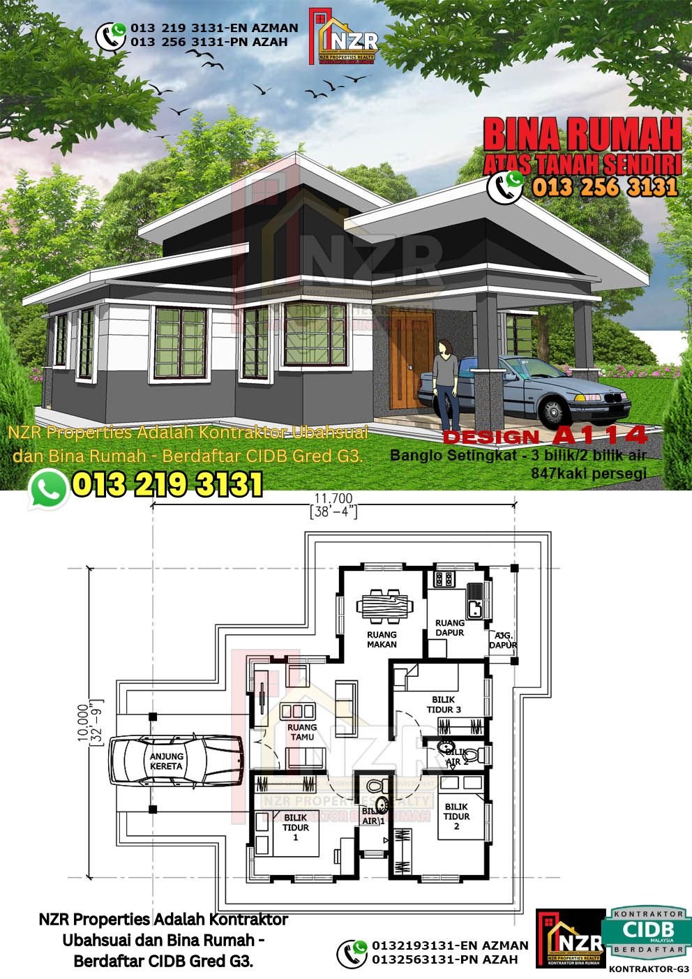 Reka bentuk A114 rumah setingkat 847 kps dengan 3 bilik tidur dan 2 bilik air