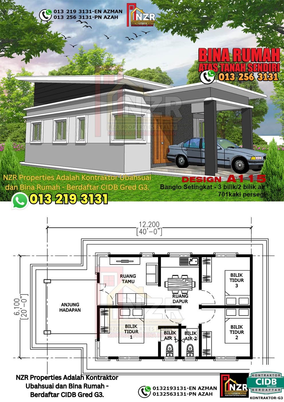 Reka bentuk A115 rumah setingkat 701 kps dengan 3 bilik tidur dan 2 bilik air.
