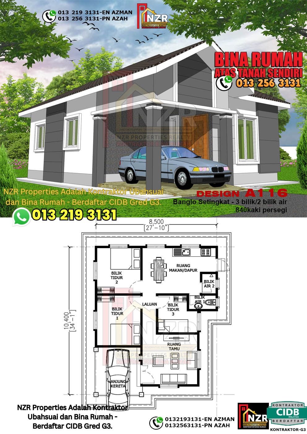 Reka bentuk A116 rumah setingkat 840 kps dengan 3 bilik tidur dan 2 bilik air.
