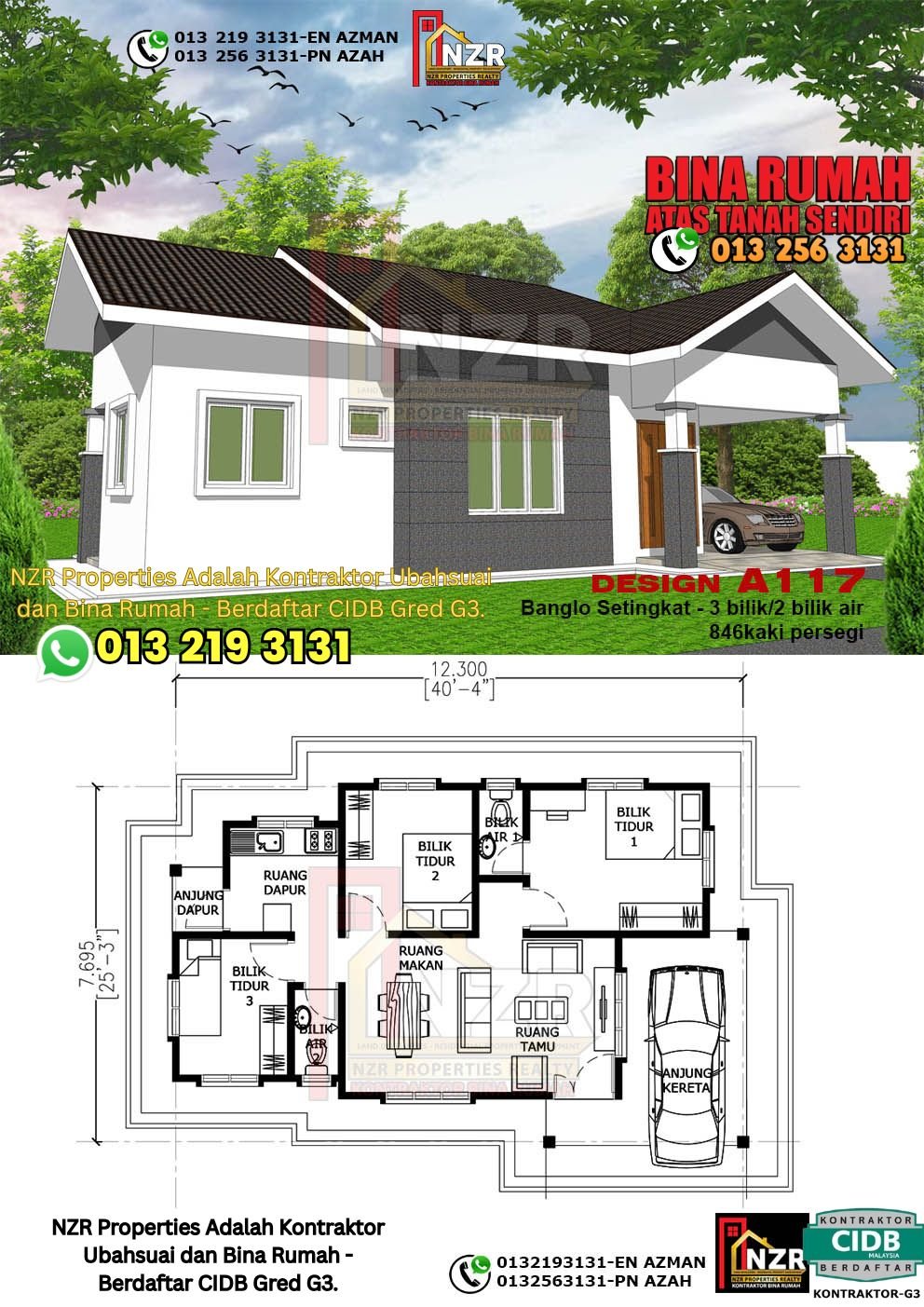 Reka bentuk A117 rumah setingkat 846 kps dengan 3 bilik tidur dan 2 bilik air.
