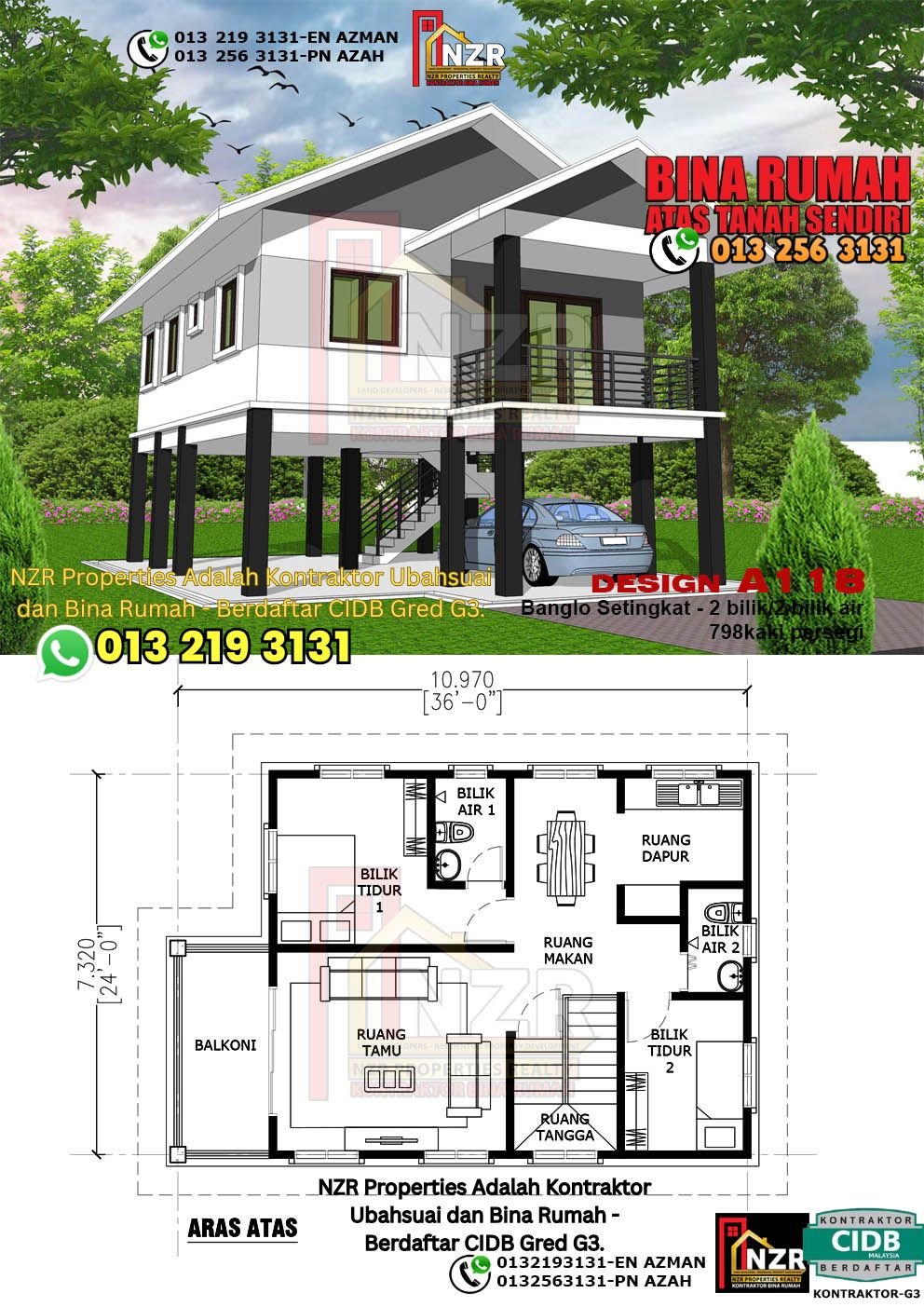 Reka bentuk A118 rumah setingkat 798 kps dengan 2 bilik tidur dan 2 bilik air