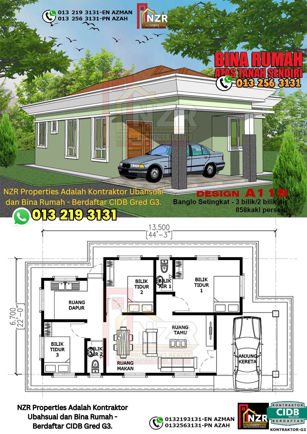 Reka bentuk A119 rumah setingkat 858 kps dengan 3 bilik tidur dan 2 bilik air.